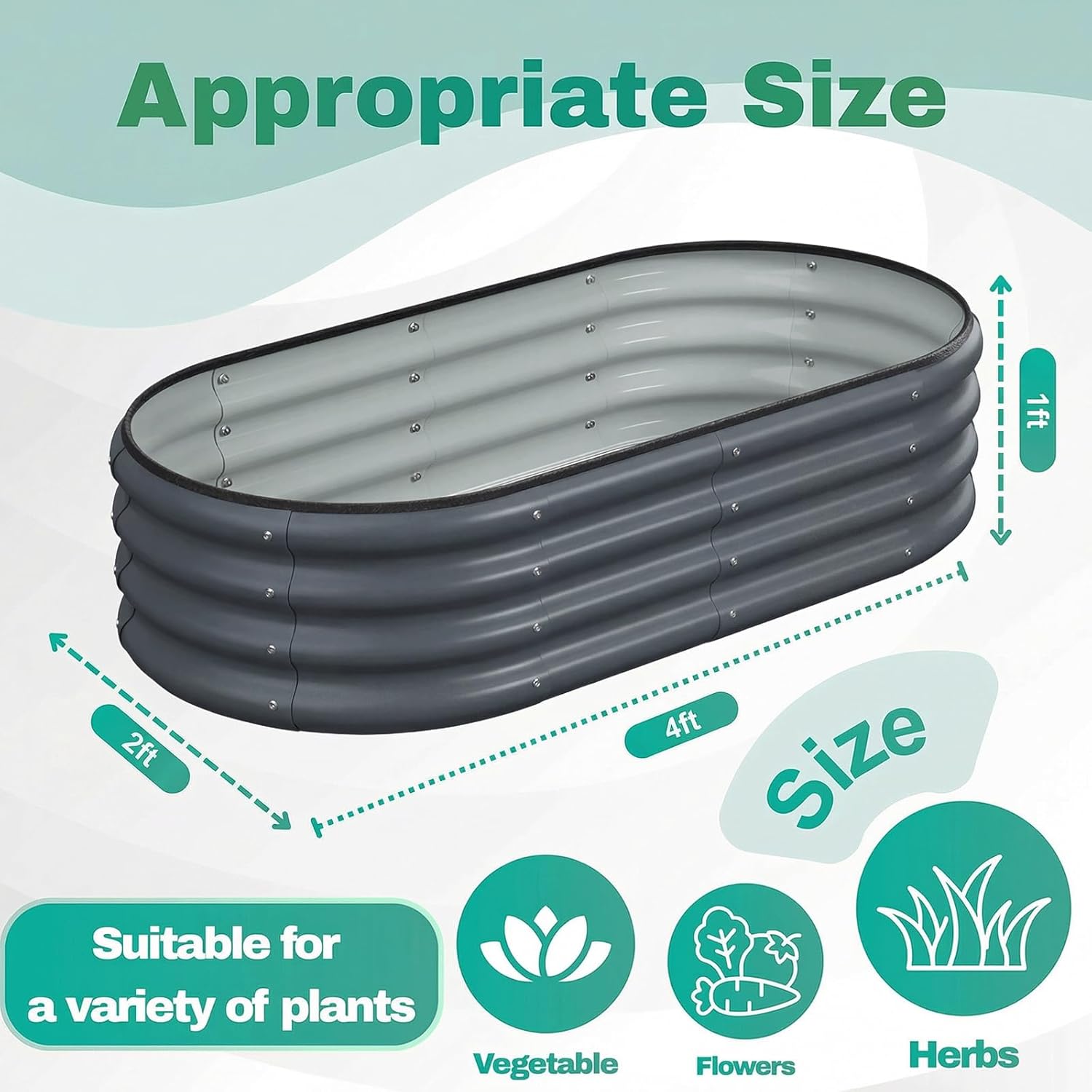 2PCS 4x2x1 FT Oval Metal Raised Garden Bed Kit, Elevated Garden Planter Box Outdoor, Trough Planter for Outdoor Plants, Flower, Vegetables, Fruit, Herbs (Dark Gray)