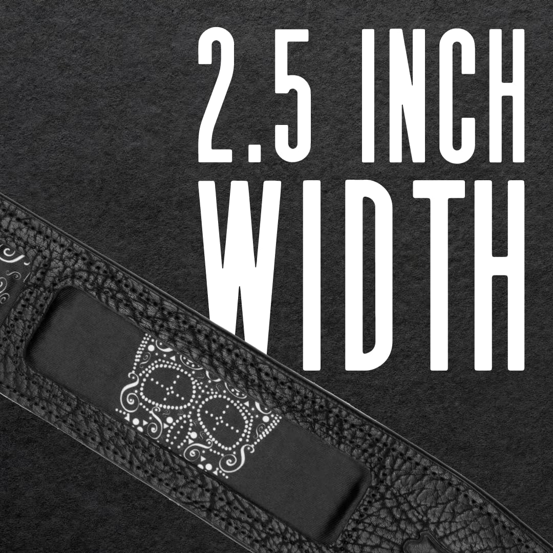 Levy's, M26CAL-001, Tracolla in Pelle Calaca Mariachi Design Black 2.5", Larghezza 2 1/2" (6.35) cm, Lunghezza Regolabile fino a 52" (132 cm), Colore Black