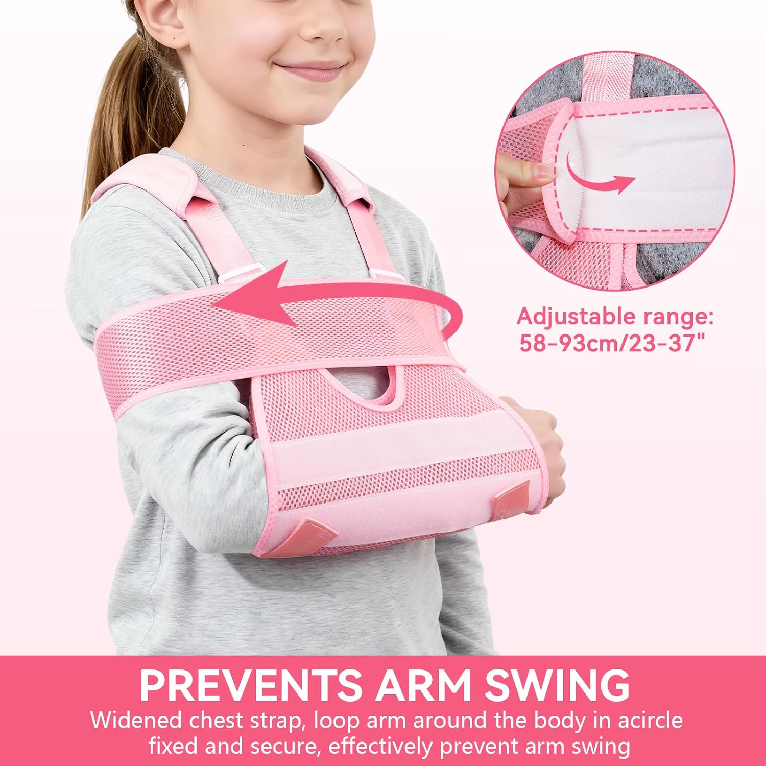 Mesh Breathable Sling for Children‘s Left and Right Arms, Adjustable Shoulder Immobilizer, Suitable for toddler，Kids with Rotator Cuff Injuries, Arm, Wrist, Elbow, Clavicle Fractures After Surgery（Pink-S)