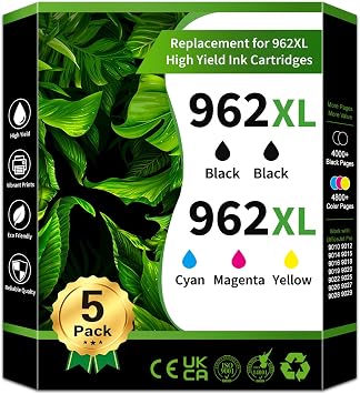 962XL 962 Ink Cartridges Black Color Combo Pack 5-Pack, 2BK/1C/1M/1Y Replacement for HP 962XL Ink Cartridges High Yield 962XL Ink for OfficeJet Pro 9010 9014 9015 9018 9019 9020 9025 Printer