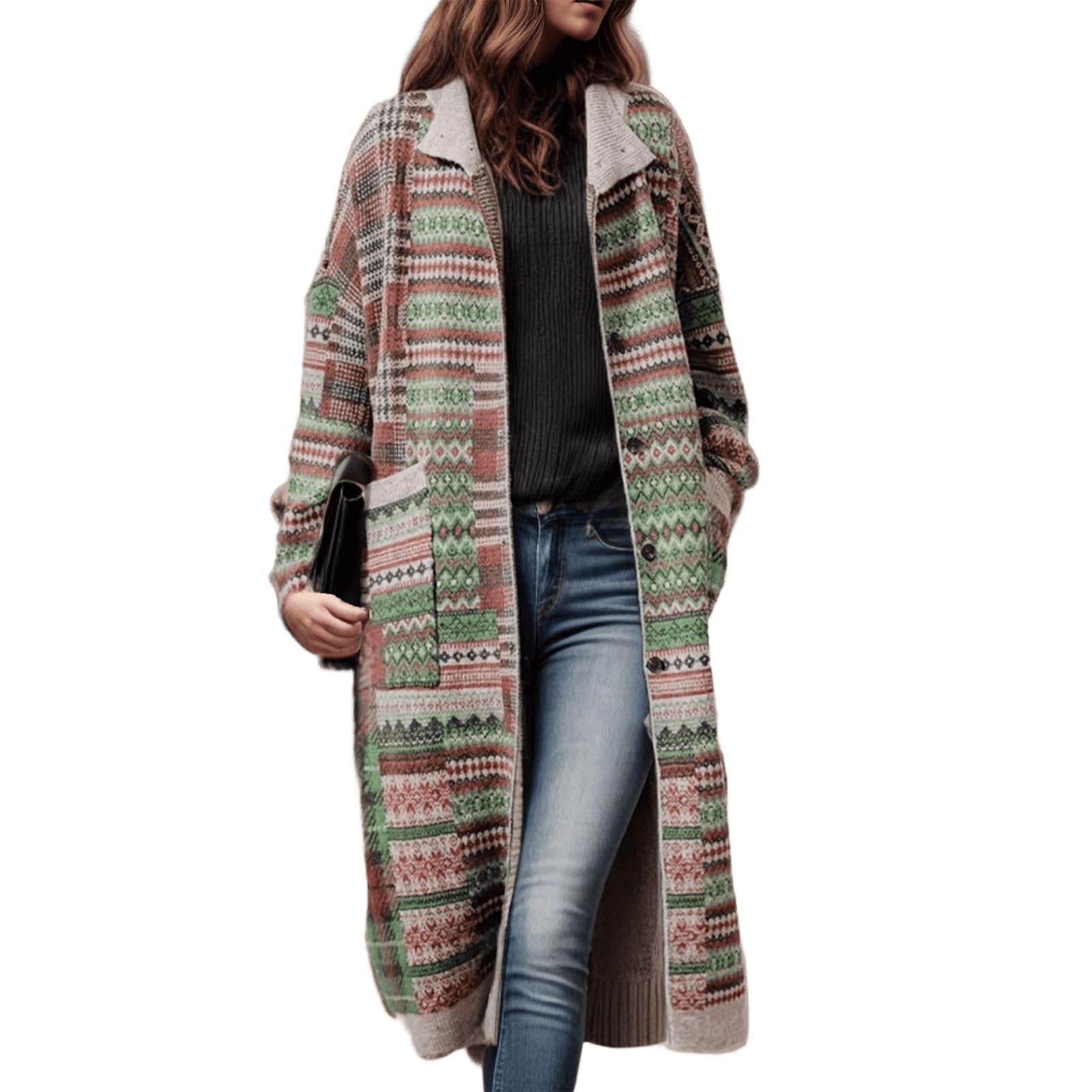 Gothic Ethnic Womens Heated Striped Knit Long Trench Coat Winter Retro Boho Loose Lapel Collar Cardigan Tops