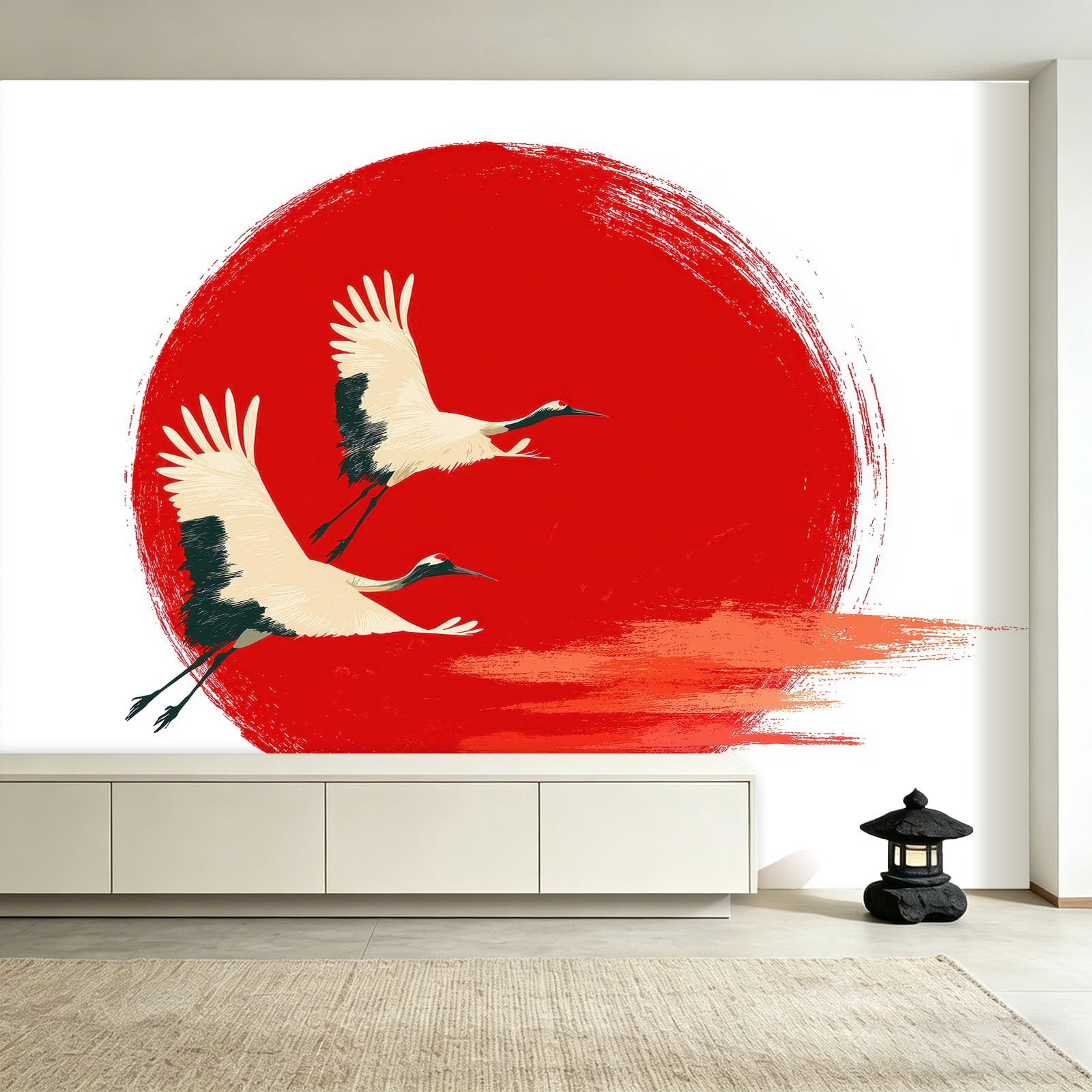 Ukiyo-E - Papel pintado fotográfico japonés de 250 x 175 cm, no tejido, de forro polar, impresión artística de sol rojo grulla para dormitorio, sala de estar, comedor, decoración de póster