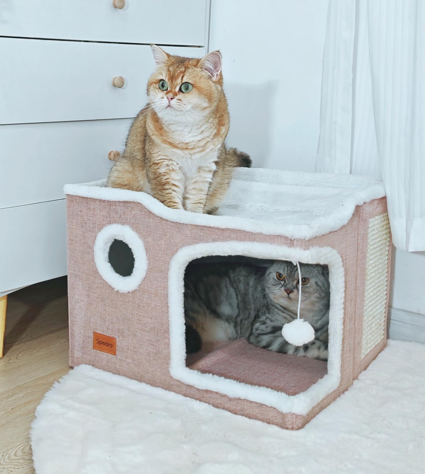 Spindro Grande Cuccia per Gatti da Interni, Pieghevole Con Tappetino per Graffi, Graziosa Casetta Con Tappetino Morbido, 43,2 x 43,2 x 33 cm, Rosa