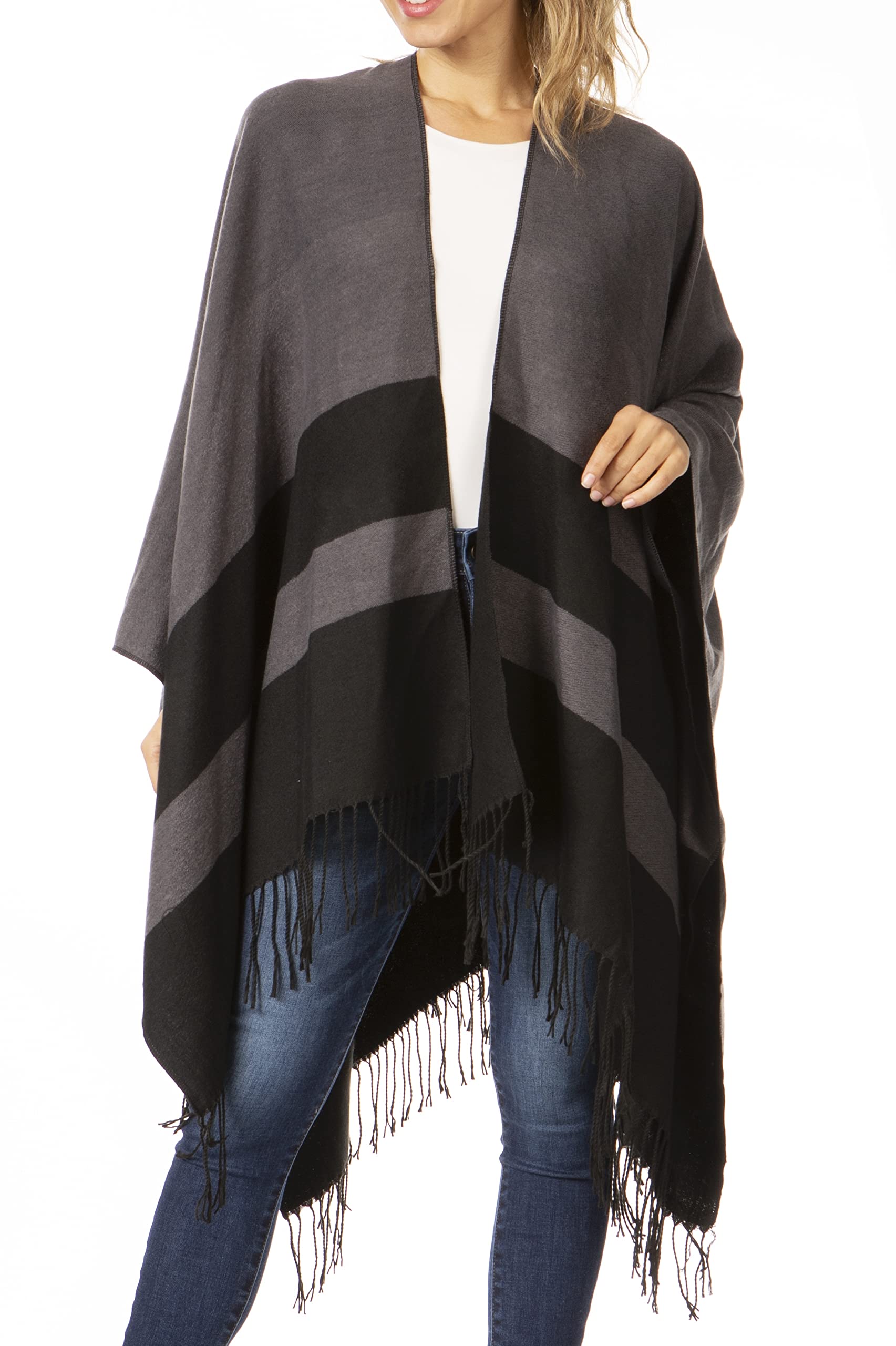 Sakkas 1927 - Avi Women's Reversible Open Front Poncho Cardigan Ruana Cape Shawl W/Fringe - Border Black - OS