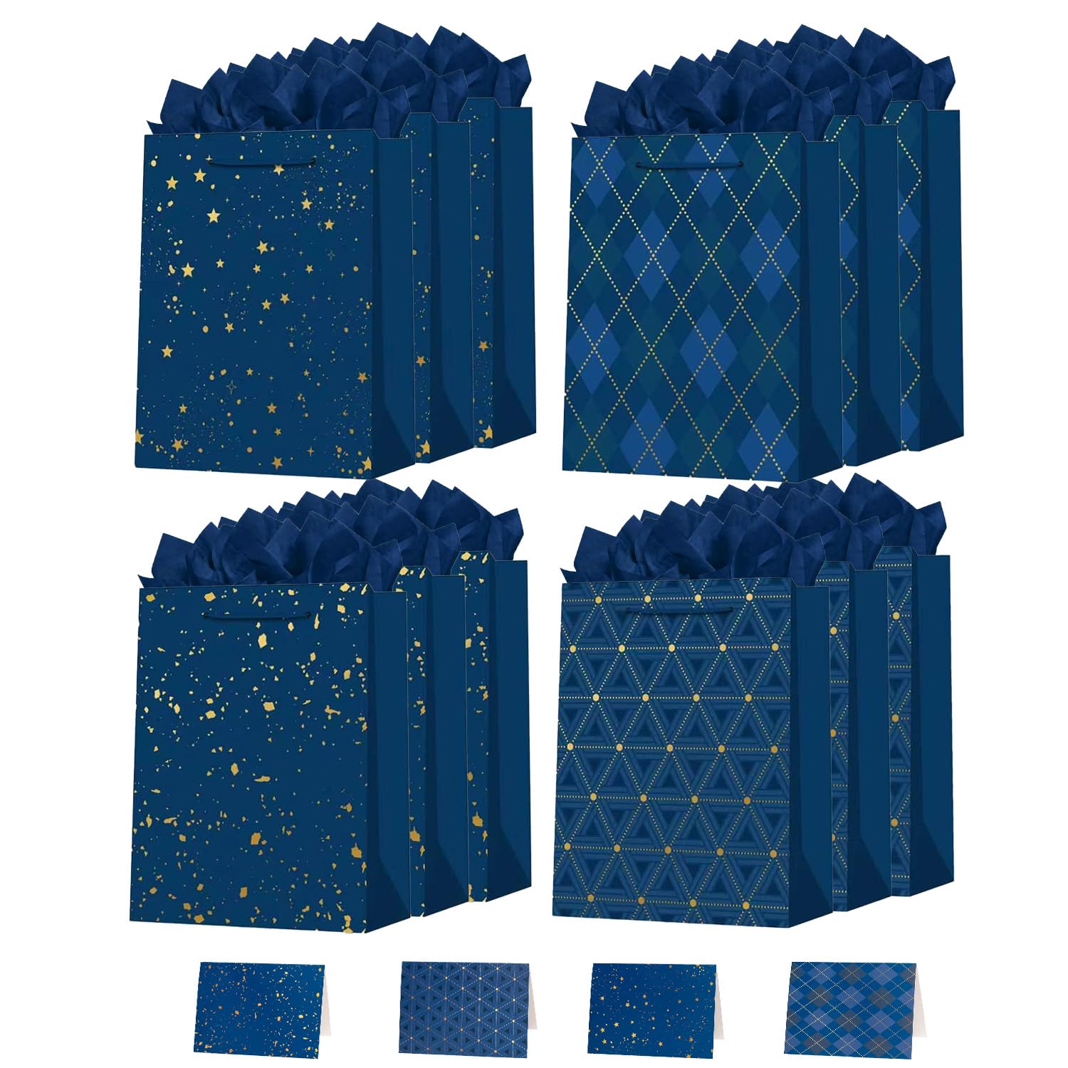 12Pack Blue Gift Bags for Men,4 Design Each 3Pcs,21x27x12cm