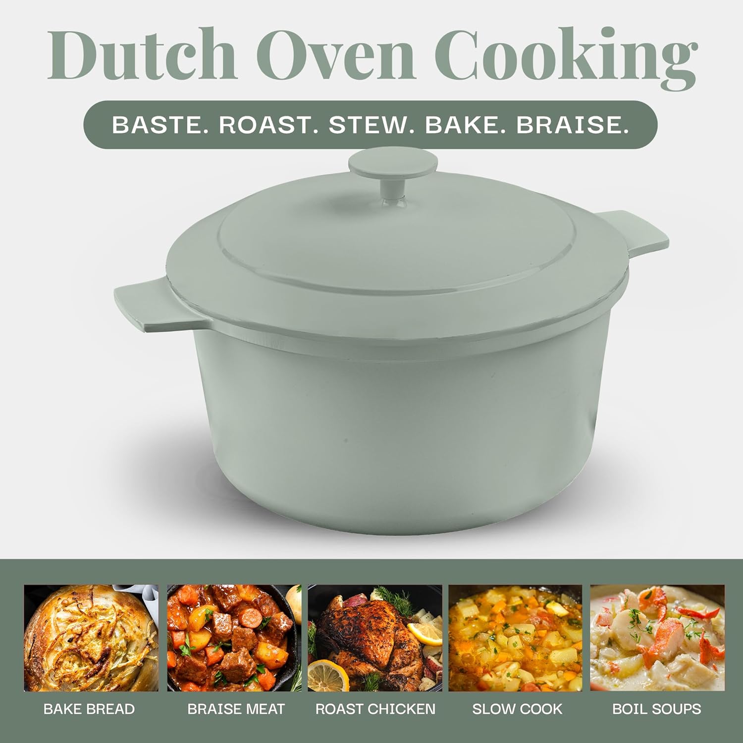 Gotham Steel 5 Qt Dutch Oven Pot with Lid, Nonstick Ceramic Dutch Oven Stock Pot, 10 in 1 Cooking Pot & Dutch Oven for Bread Baking, Stovetop Oven & Dishwasher Safe, Sage Green