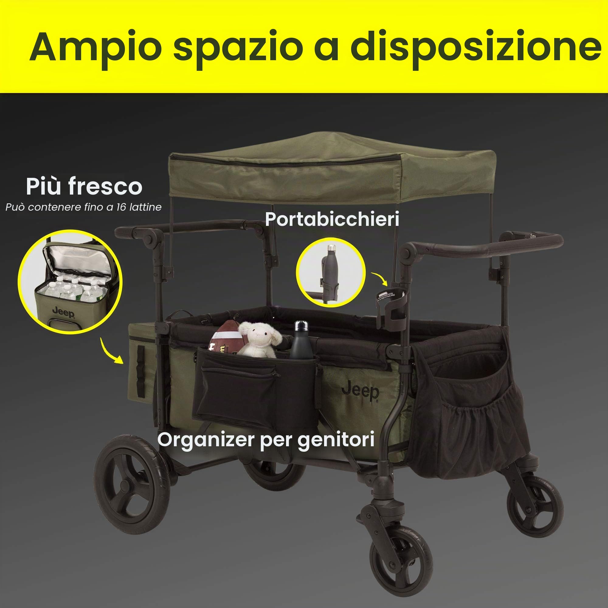 Delta Children Passeggino Jeep Deluxe Wrangler – include borsa frigo, organizer genitore e adattatore per seggiolino auto, nero/verde
