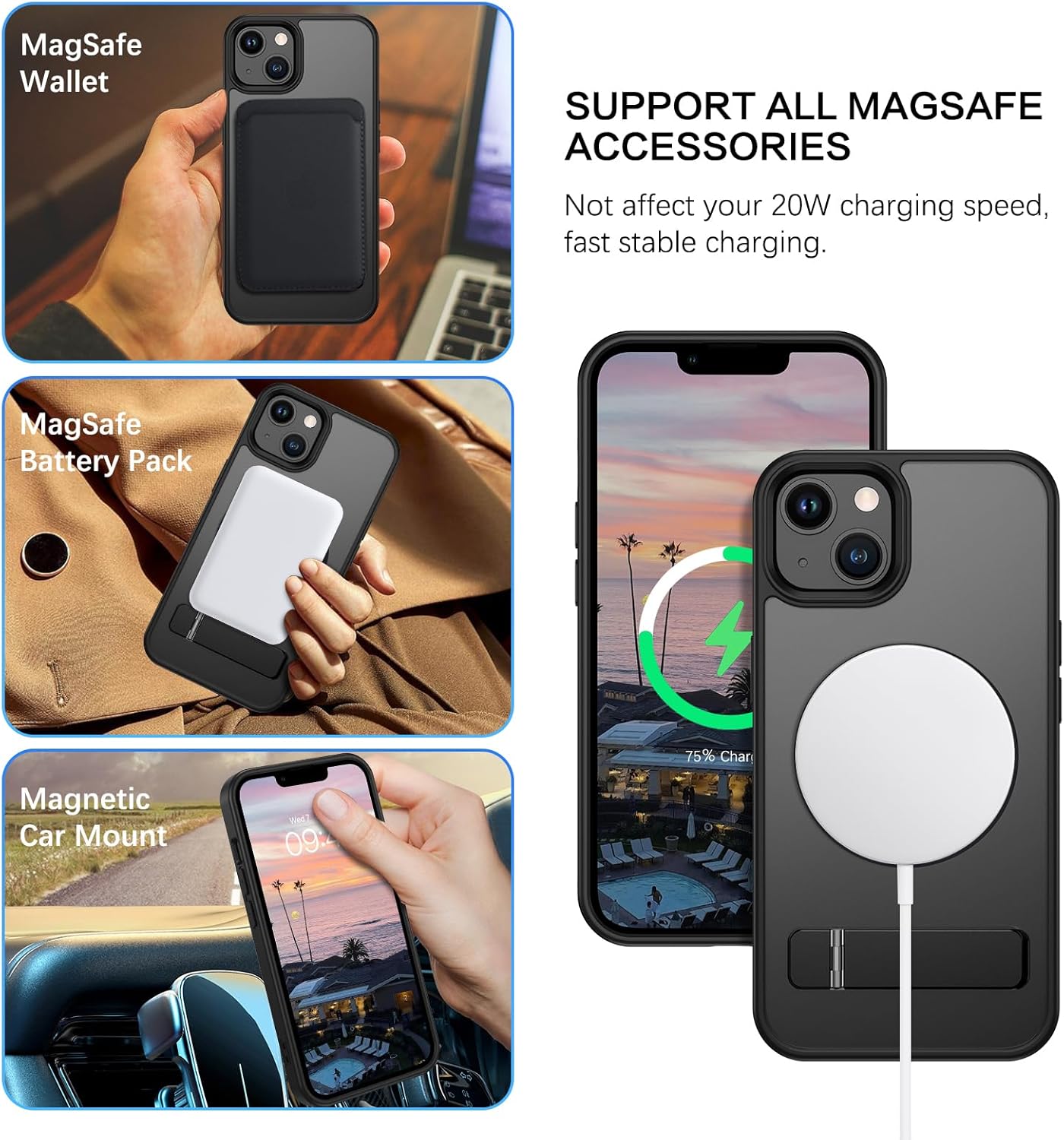 Telaso Magnetic for iPhone 14/iPhone 13 Case, Compatible with Magsafe with Invisible Kickstand, Translucent Matte Back TPU Bumper Military Grade iPhone 14/iPhone 13 Phone Case, Black - Image 3