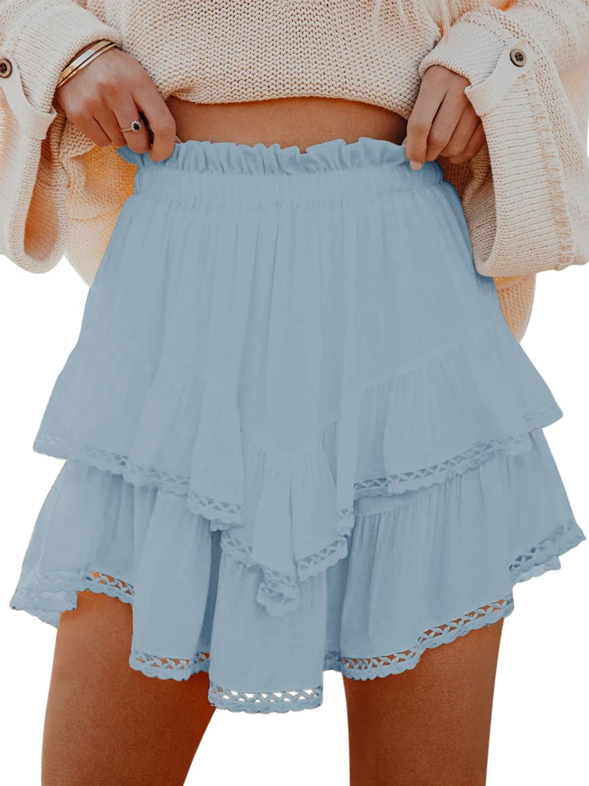 Aoudery Flowy Shorts for Women Casual Boho Ruffle Tiered Skorts High Waist Mini Skirts Golf Tennis Crochet Shorts