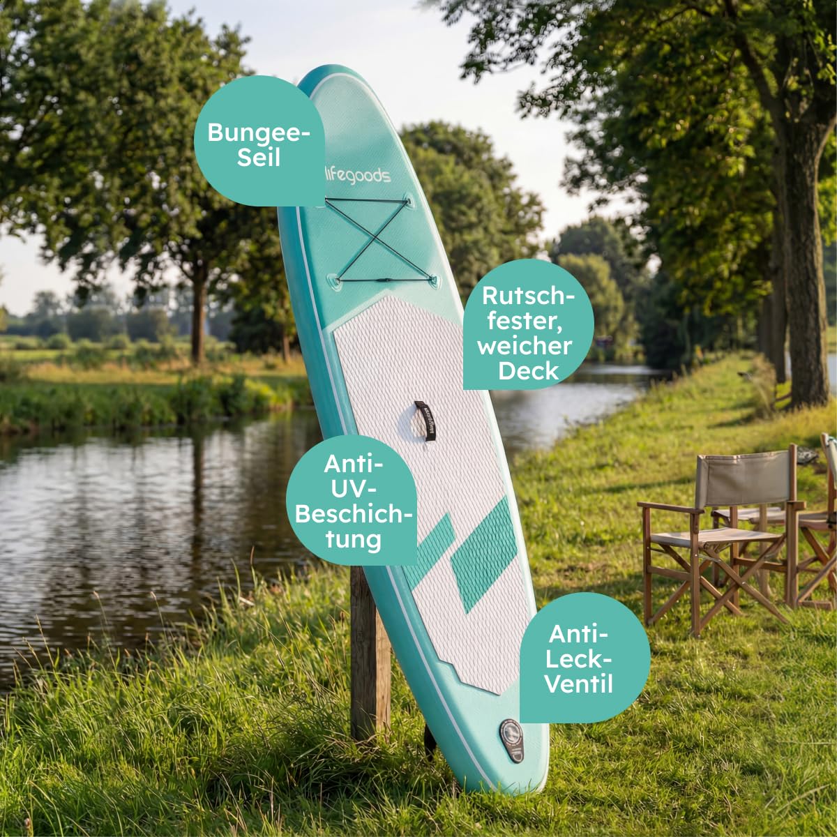 LifeGoods SUP Board Set - Aufblasbare Stand Up Paddling Board - Komplettes Set inklusive Zubehör und Verstellbares Padel - Geeignet für Anfänger und Fortgeschrittene - Bis 100KG - 320x81cm