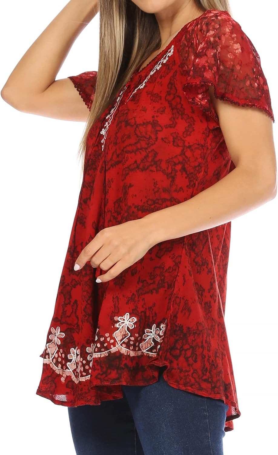 Sakkas Ash Speckled Tiedye Embroidered Cap Sleeve Blouse Top with Embroidery Hems