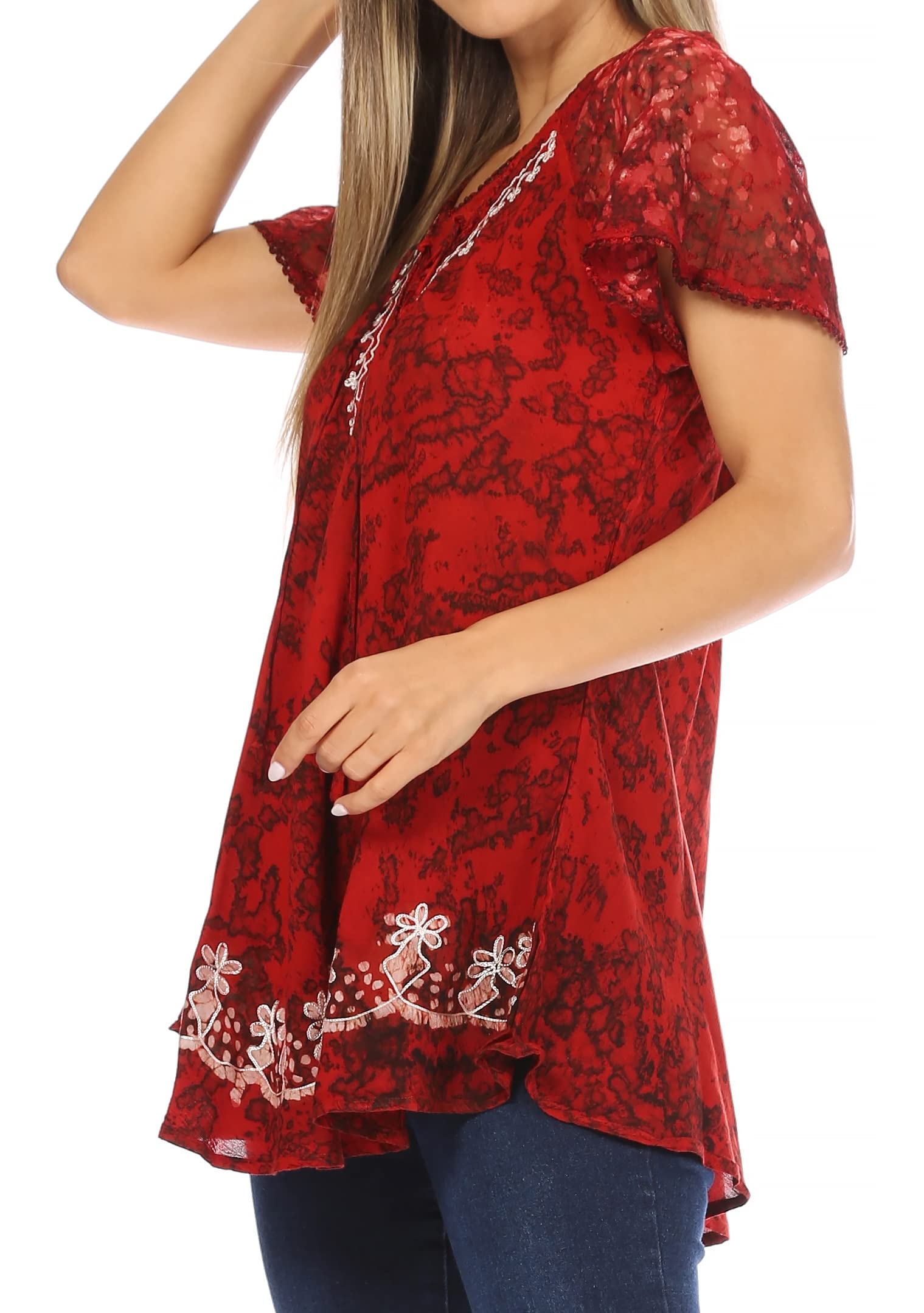 Sakkas Ash mouchetée Tiedye Casquette brodée Manches Chemisier Top Ourlets Broderie