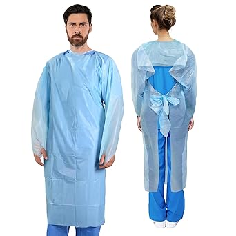 100 PCs Dental/Medical Grade Disposable Isolation Aprons by VASTMED | One Size Fit All, Blue CPE Isolation Gowns Thumb Loops | Waterproof Gowns for Women & Men with Waist Tie Closures