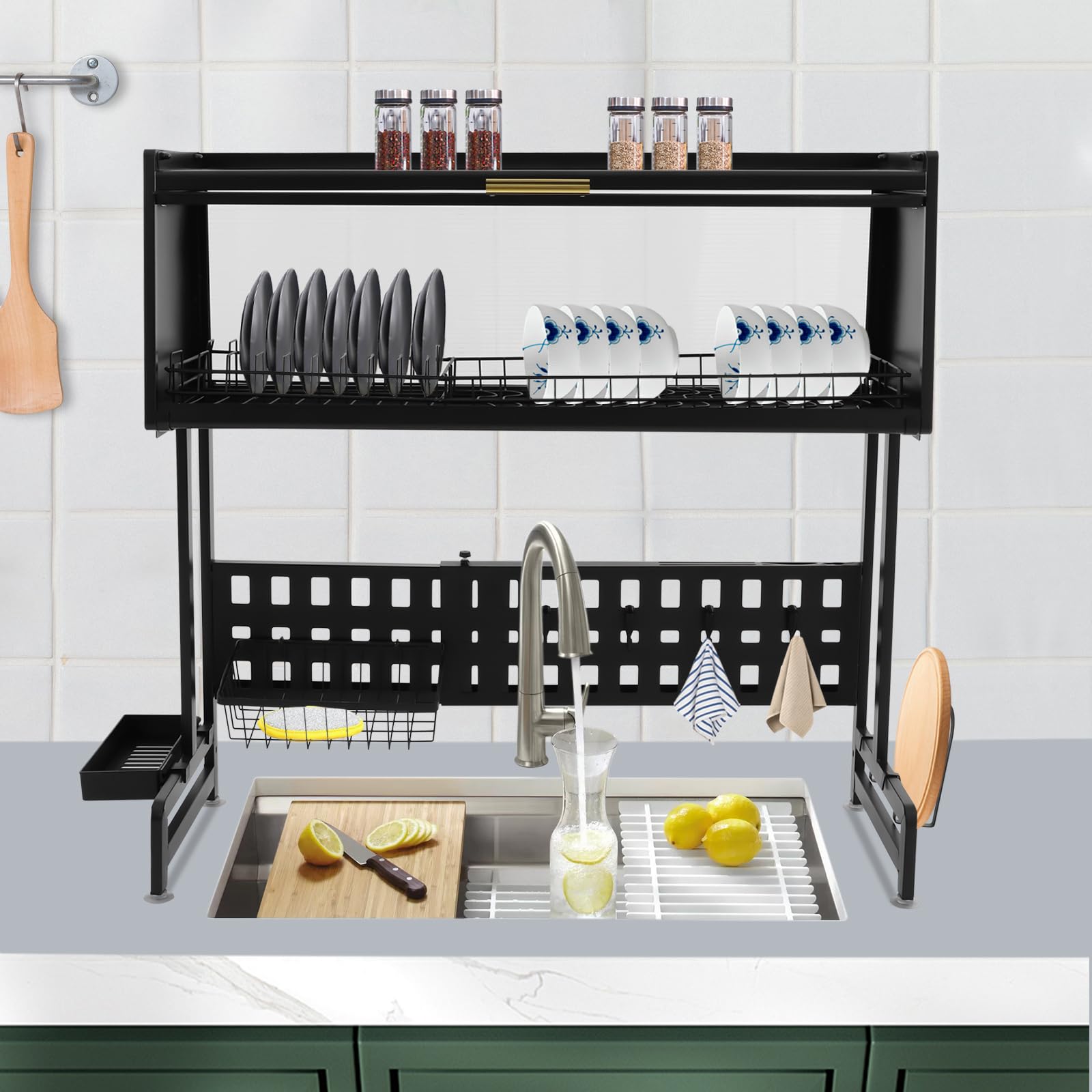 Escurreplatos de acero al carbono con soporte para utensilios, escurridor ajustable sobre el fregadero con agujeros de drenaje, soporte para platos con soporte para tabla de cortar
