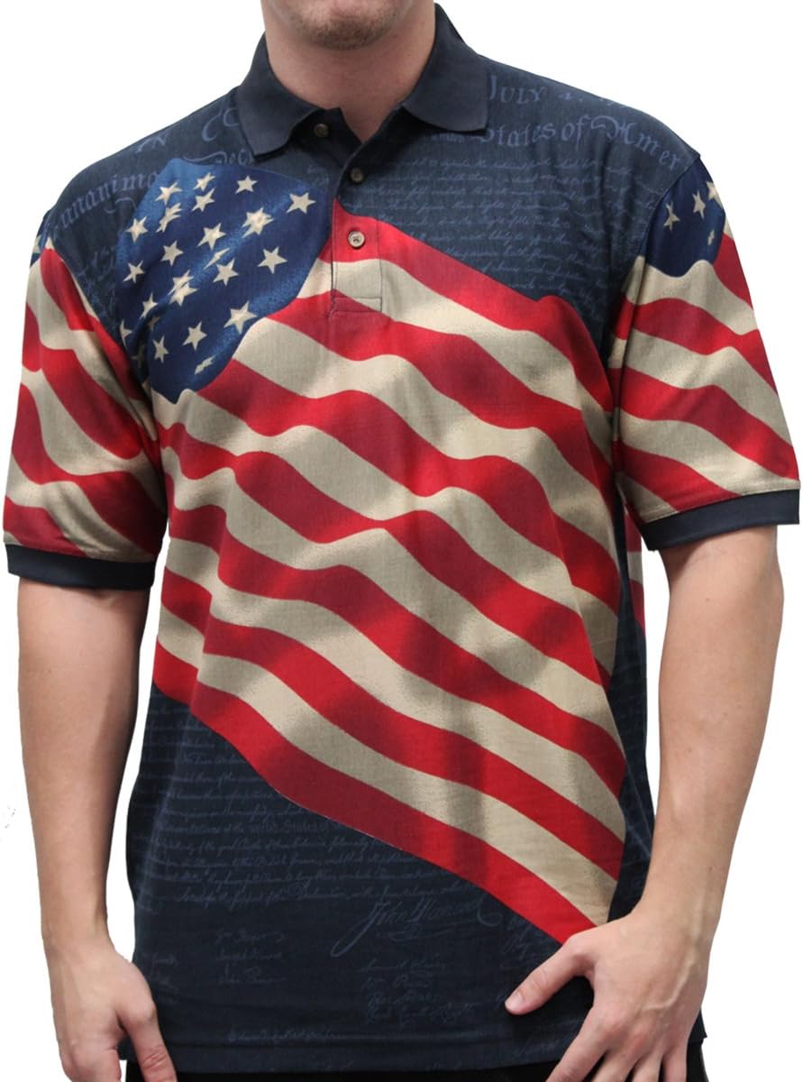 American SummerOriginal Men's Waving USA Flag Polo Shirt in Navy Blue
