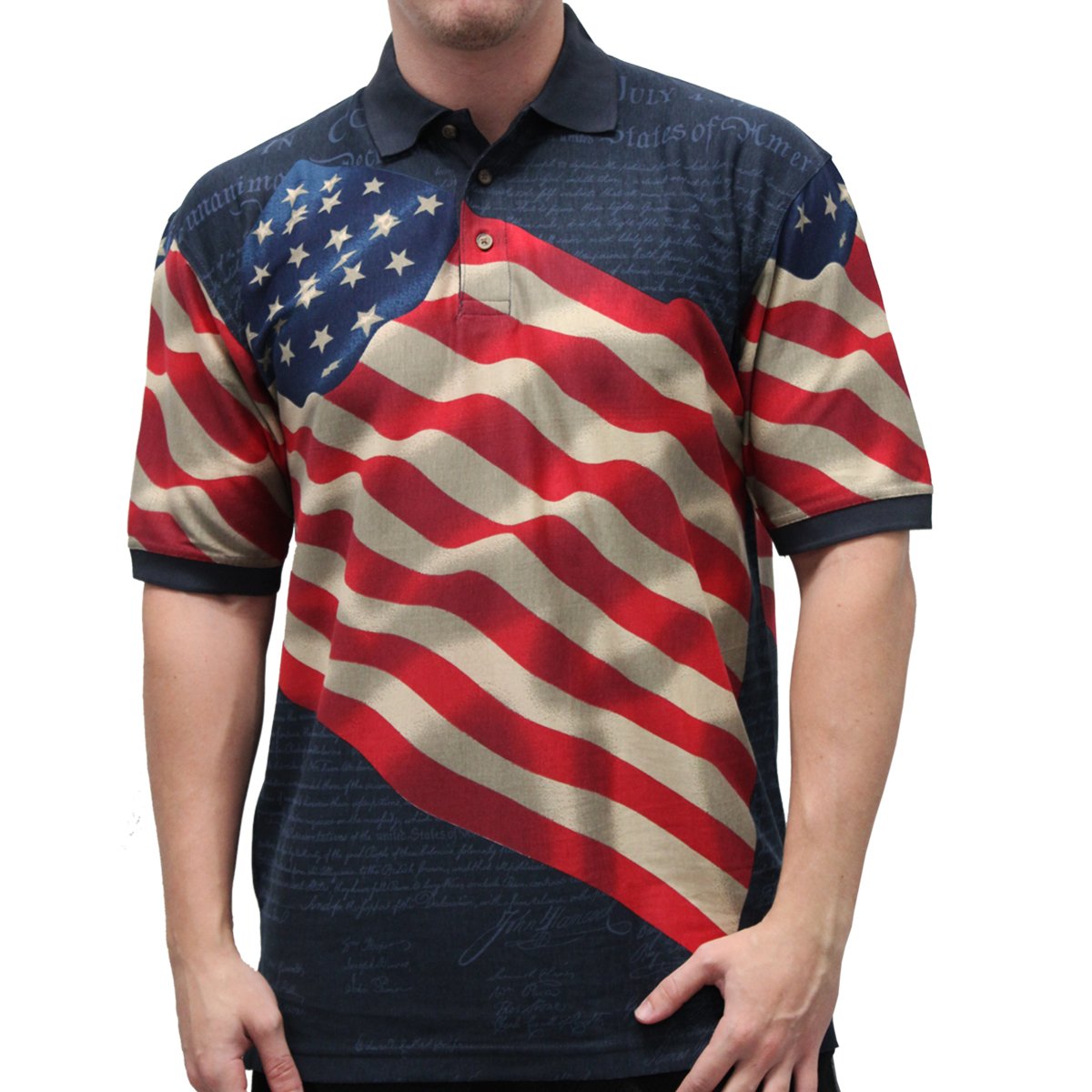 American SummerOriginal Men's Waving USA Flag Polo Shirt in Navy Blue