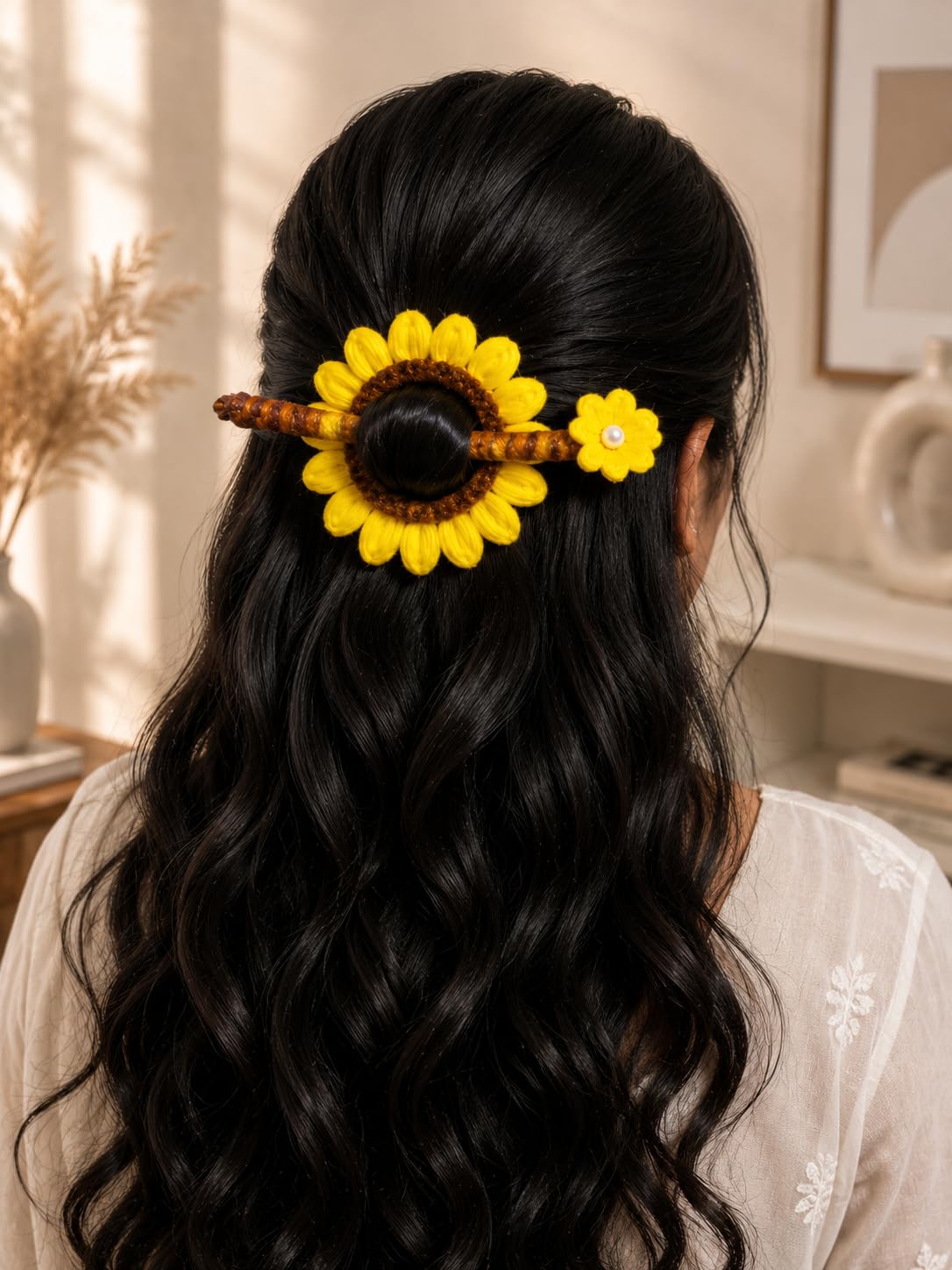 Pipe cleaner Sunflower Hair Stick Bun Pin with Pearl Accent | Handcrafted Floral, Yellow Wool Design, Wooden Hair Stick, Half-Up Hairstyle, Boho Accessory-image-37