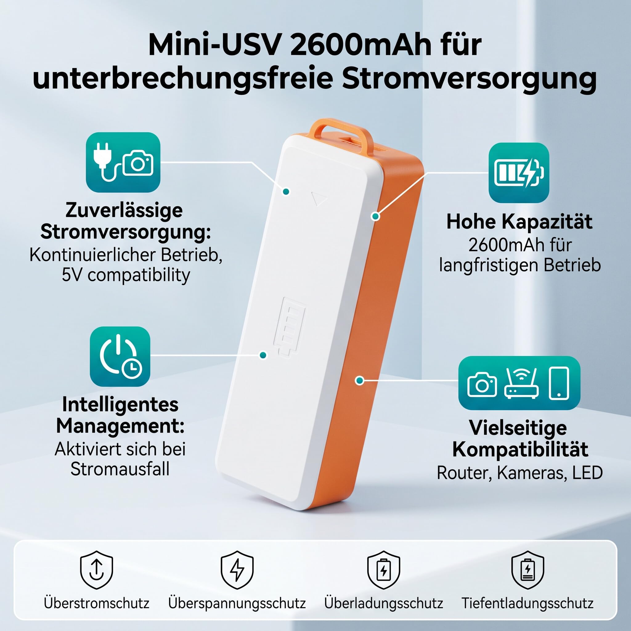 Ejoyous Mini Batterie de Secours UPS, 2600 MAh DC5 V 2 A Entrée USB DC5 V 1,2 A Sortie USB Alimentation sans Interruption pour Caméra de sécurité