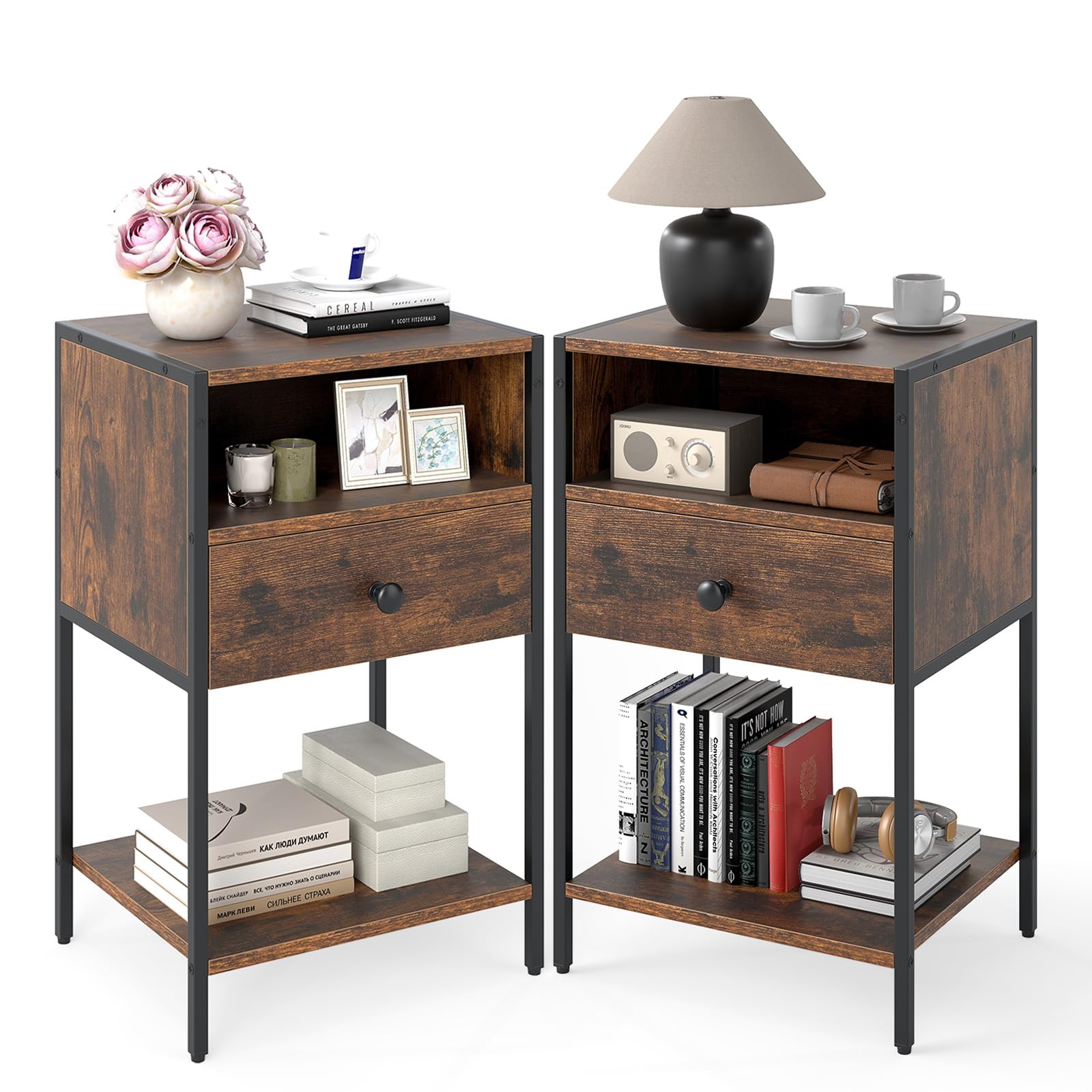 COSTWAY Bedside Table, Industrial Nightstand End Sofa Side Table with Drawer and Storage Shelves, Metal Frame Wooden Small Bedside Cabinet for Living Room Bedroom, 40x32x65cm (2, Rustic Brown+Black)