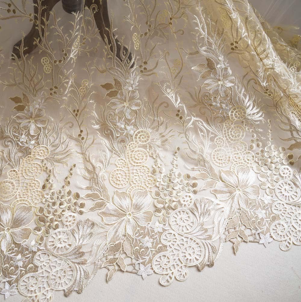 Lace Floral Fabric by the Yard African Lace Fabric for Dress Rectangular Embroidery Floral Lace Wedding Tablecloths Wedding Lace Table Runner- 1 Yard A14