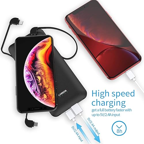 Miniatura 5 de Cargador portátil de 10000 mAh, batería externa delgada con enchufe de pared de CA integrado, cable USB C, total de 3 cables diferentes compatibles