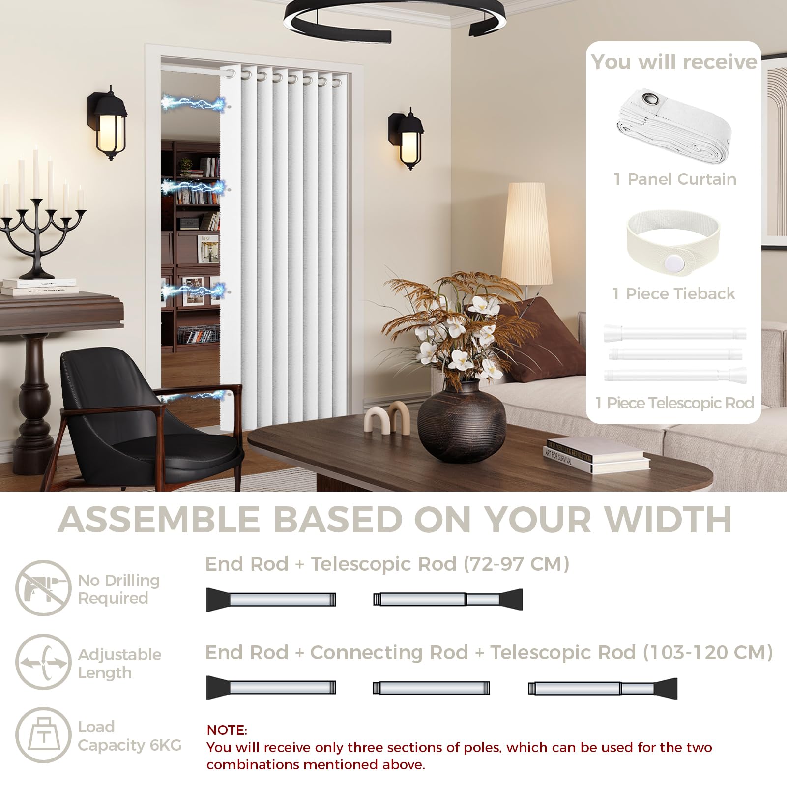 Rideau de Porte Accordéon Occultant Magnétique - Rideau de Séparation de Pièce Pliable avec Tringle Télescopique Incluse - pour Dressing, Cuisine et Porte Intérieure, Blanc