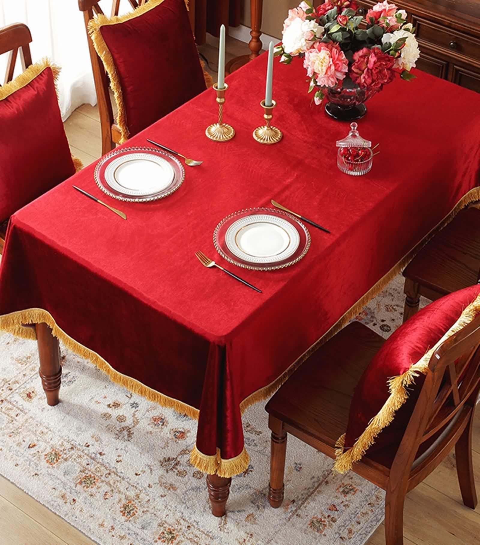 Tischdecke Rot Polyester, Tischdecke Klein Samt mit Quaste Tischtuch 140X160CM für Küche Wohnzimmer Esszimmer