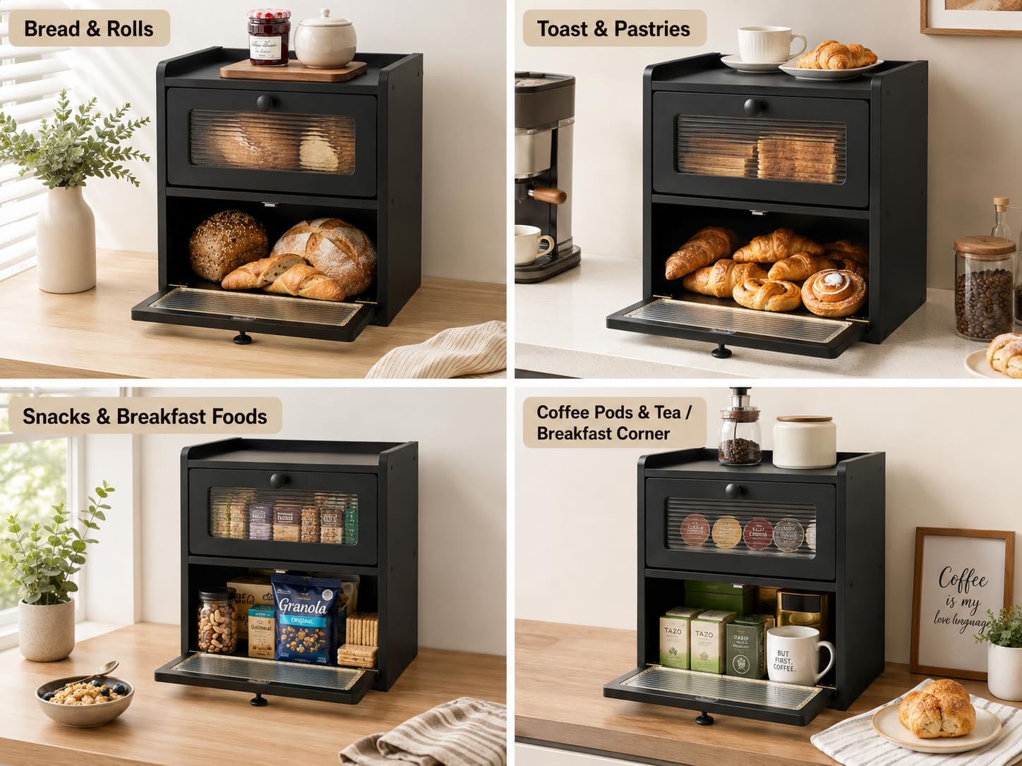 Brotkasten Schwarz 2 Etagen, Brotbox mit Acrylfenster, 36,5 x 23,7 x 34 cm