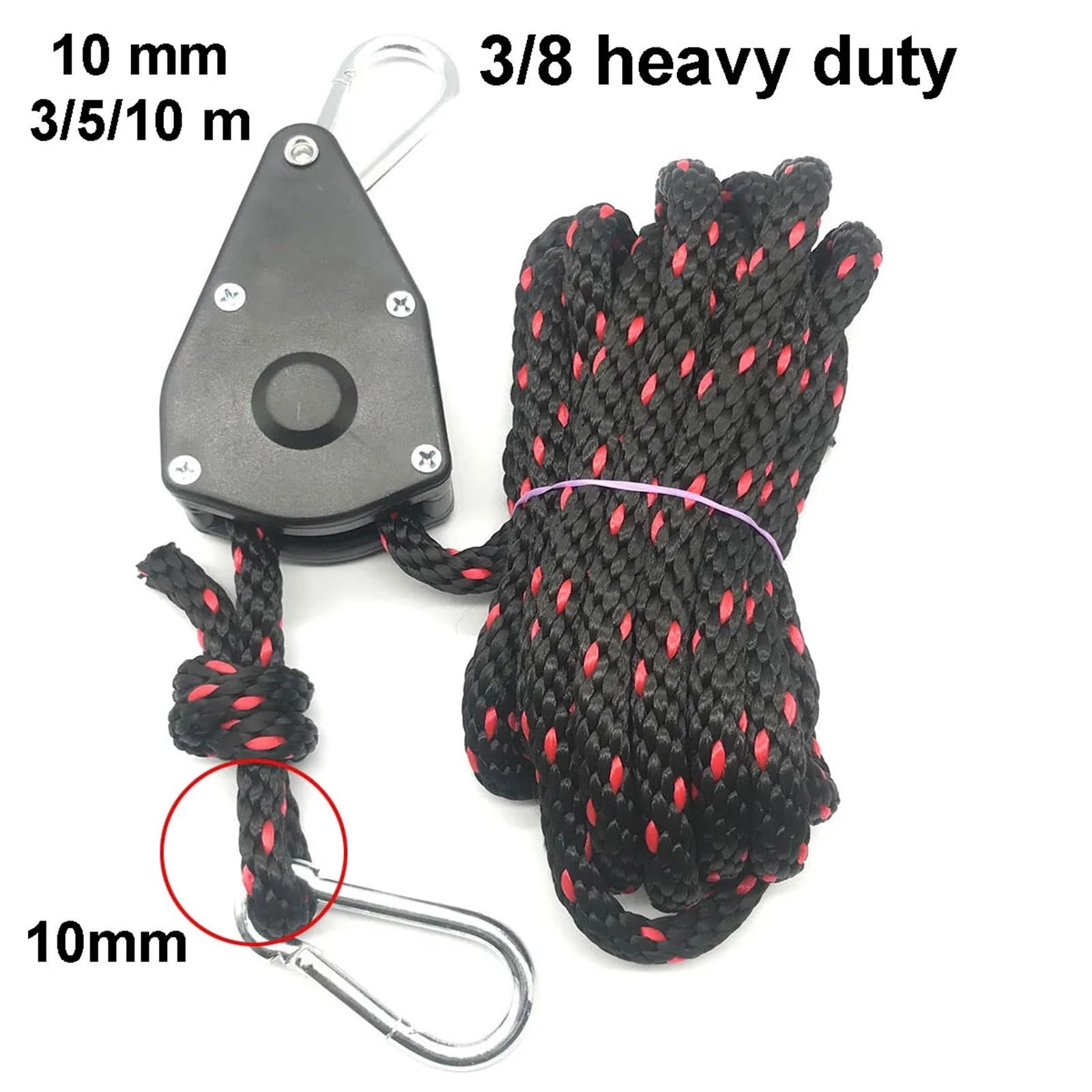 10mm 3/5/10m 100kg Tenda da campeggio Corda Puleggia Cricchetti Canoa Barca Poppa Lega Imbottiture Corda Heavy Duty Corda regolabile Gancio(Black 10m)