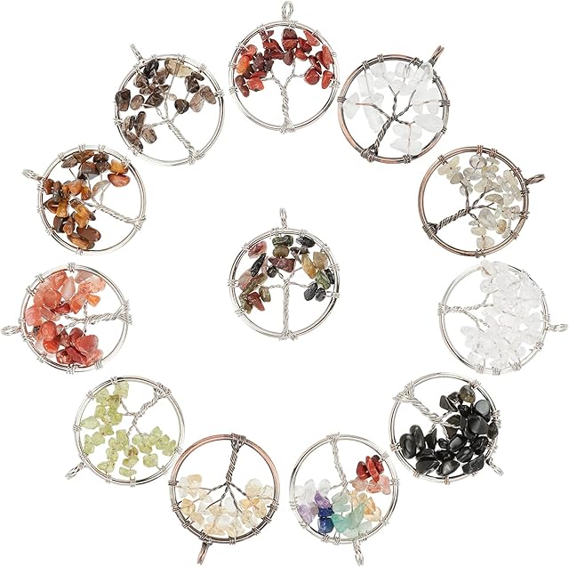 PandaHall 12 Color Tree of Life Pendant Charms Chakra Crystal Stone Pendant Positive Gemstone Pendant Quartz Charms for Necklace Earring Jewellery Making Crafting