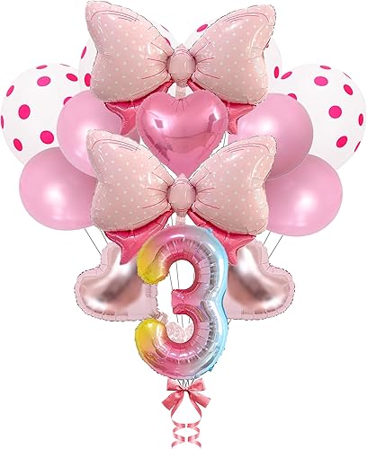 14 globos de fiesta de ratón con lazo rosa, globos metálicos de papel de aluminio rosa intenso, incluye globo de cumpleaños número 3, arco rosa,
