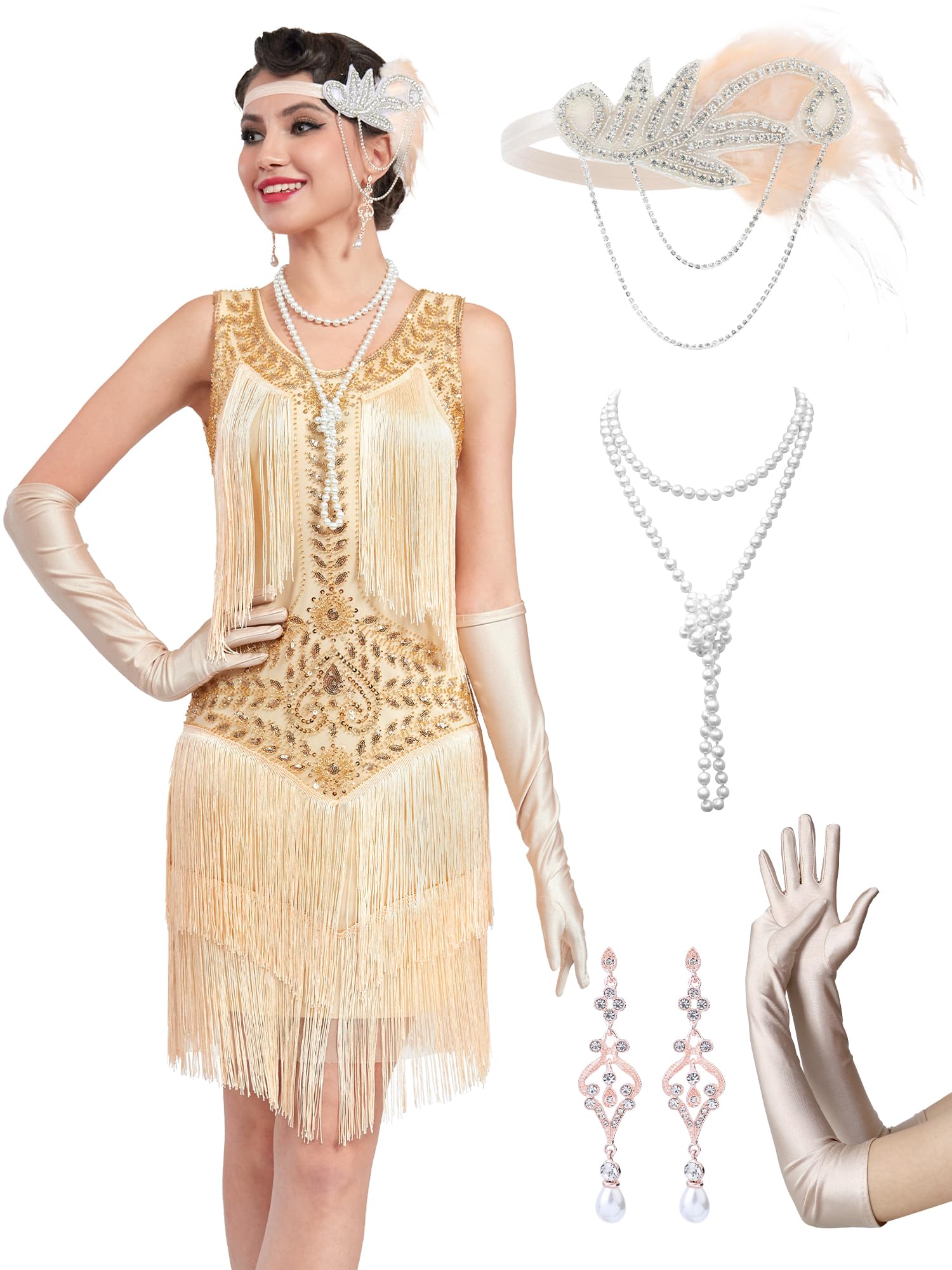 1920s Flapper Dresses for Women, Lace V-Neck Great Gatsby Costume