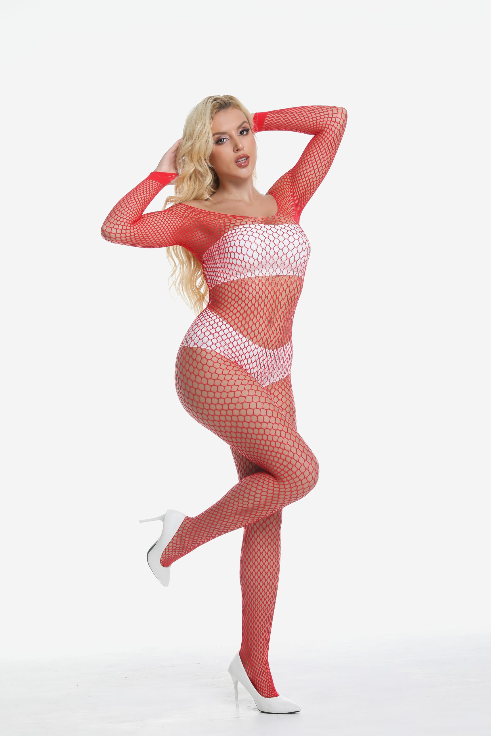 Amashion Women Fishnet Bodysuit Mesh Elastic One Piece Bodystockings Teddy Lingerie for sexy (Green, onesize): One Size Red