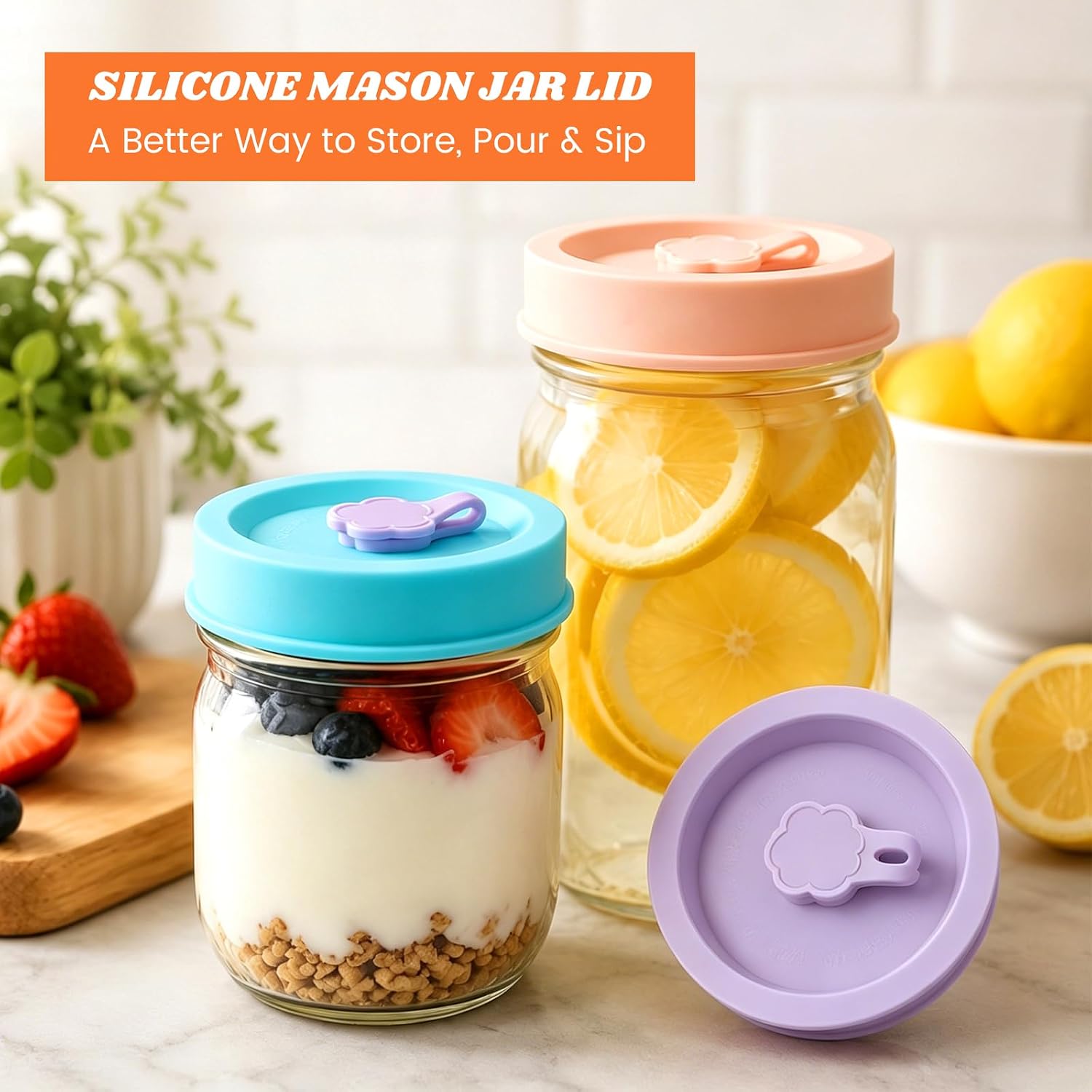 Silicone Mason Jar Drinking Lids with Straws, 4 Pack, Leak-Proof