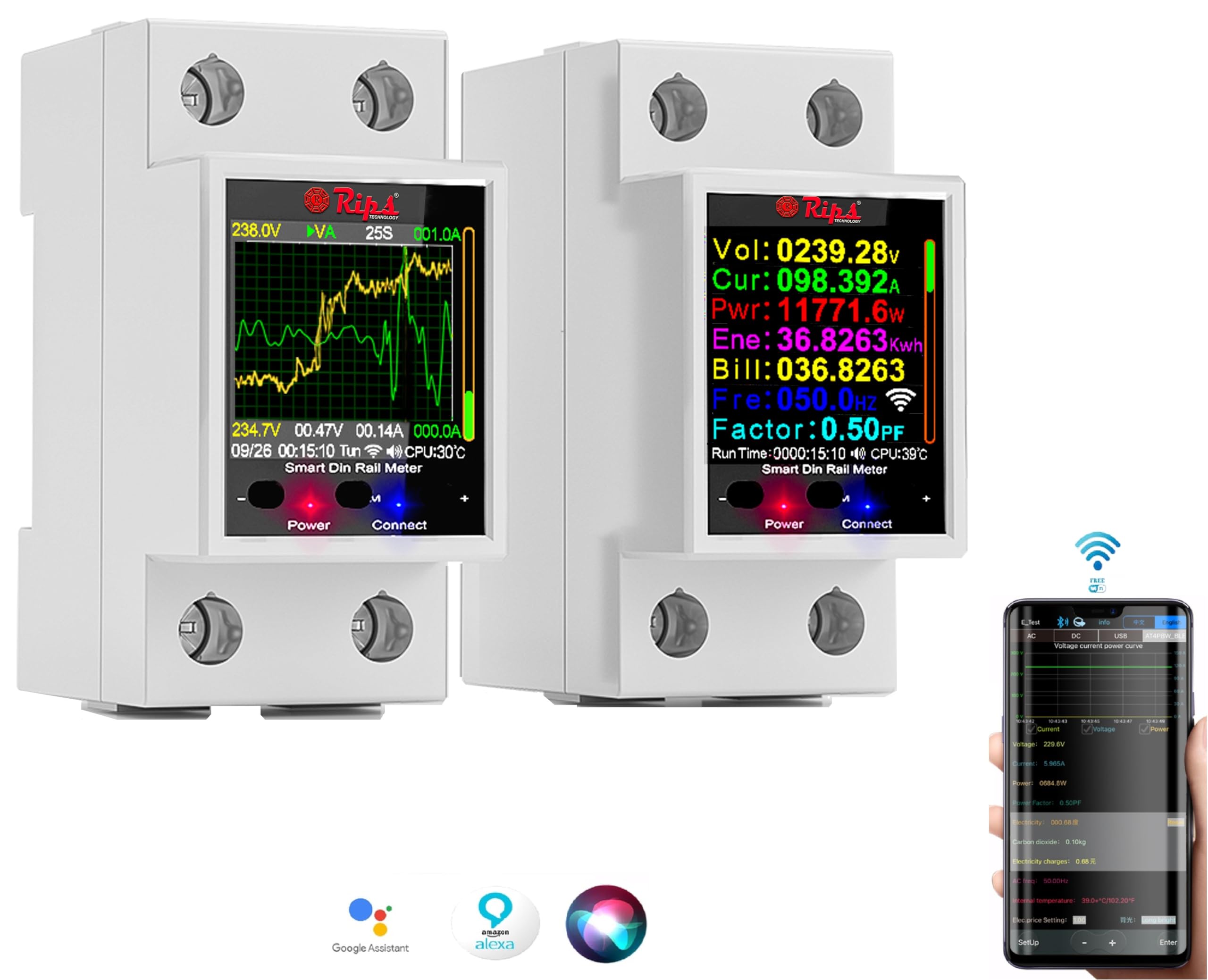 Rips Technology® :-AC Smart WiFi Energy Meter-(IoT) Color LCD|HIgh/Low Volt&OverLoad Protection+Timer- Siri/Alexa-Support-V-A-W-Kwh-Cost-Hz-PF-Temperature-Humidity-Timer (100A_MCB_Din Rail-2MD) (B0D3J2MP16) Amazon Price History, Amazon Price Tracker
