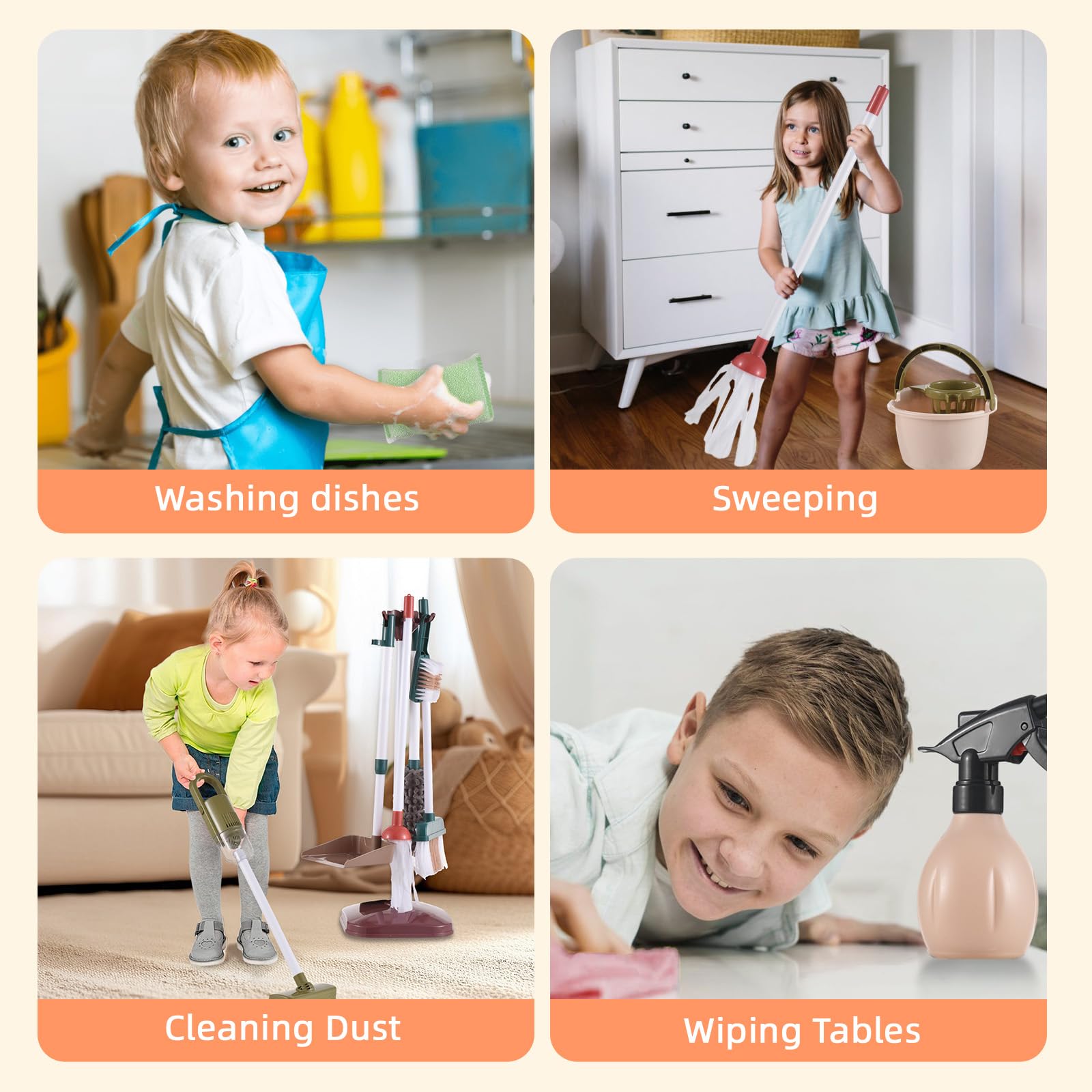 Walmeck Ensemble de Jouets de Nettoyage pour Enfants, Ensemble Jeu Ménage pour Tout-Petits, avec Aspirateur, Balai, Vadrouille, Pelle à Poussière, Seau Garçons et Fille