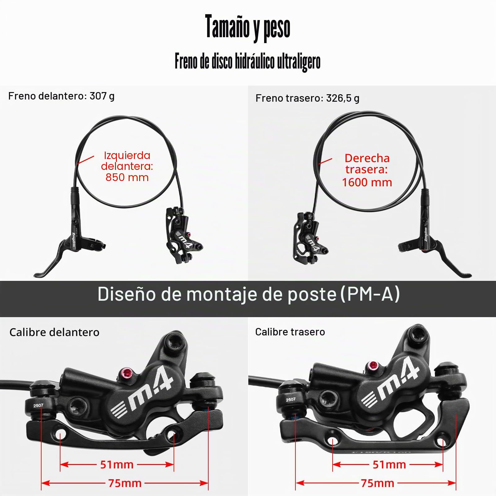 Juego de frenos de disco hidráulicos para MTB, frenos de disco hidráulicos con rotor de 160 mm, delantero izquierdo/trasero derecho, adaptador para MTB BMX