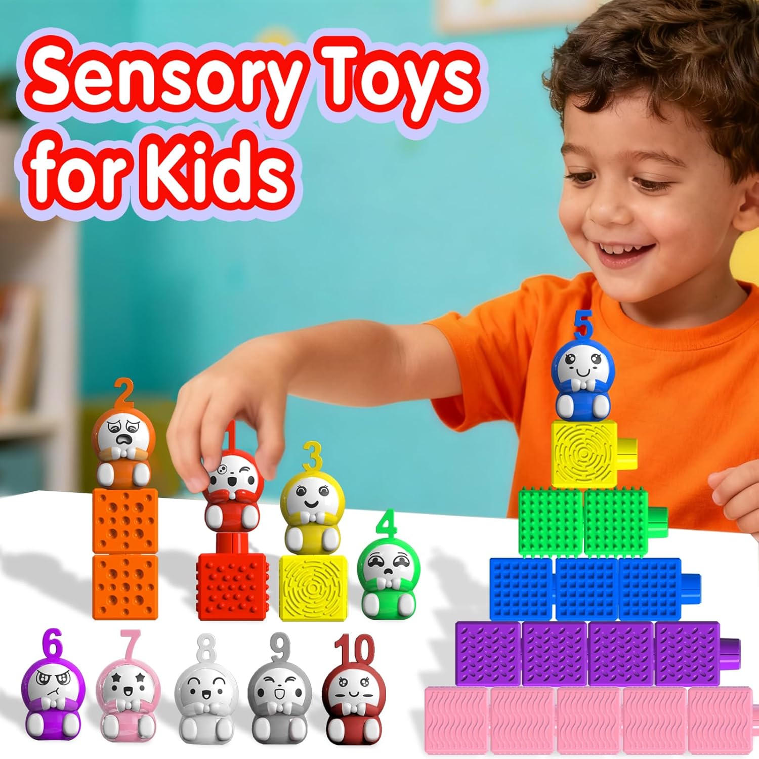 65PCS Sensory Counting Toys for Toddlers | Textured Soft Stacking Cubes for Color & Number Learning | Squeezable Montessori Educational Building Toys, Preschool Learning Activities for Kids Ages 2-5