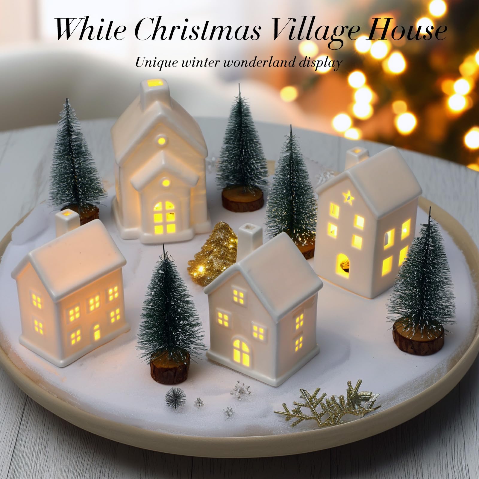 Wesiti Lot de 9 maisons de village de Noël en céramique blanche pure | Mini sapin de Noël lumineux à DEL, accessoire d'hiver, figurine décorative pour Noël, bureau, maison, table, chambre