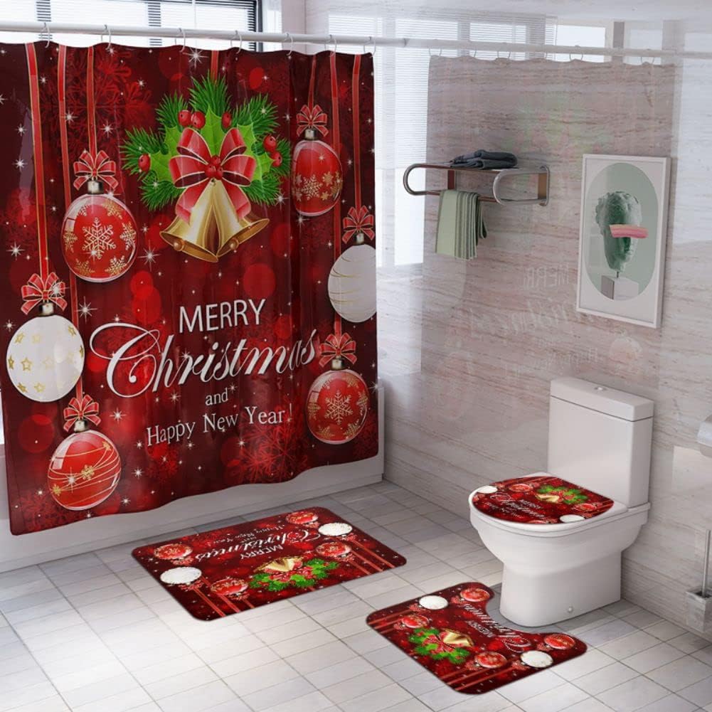 Ochine 4Pcs Merry Christmas Shower Curtain and Rug Set Xmas Santa Claus Elk Snowman Christmas Tree Bathroom Decor Waterproof Bath Curtain with 12 Hooks Holiday Winter Gifts for Home Decorations