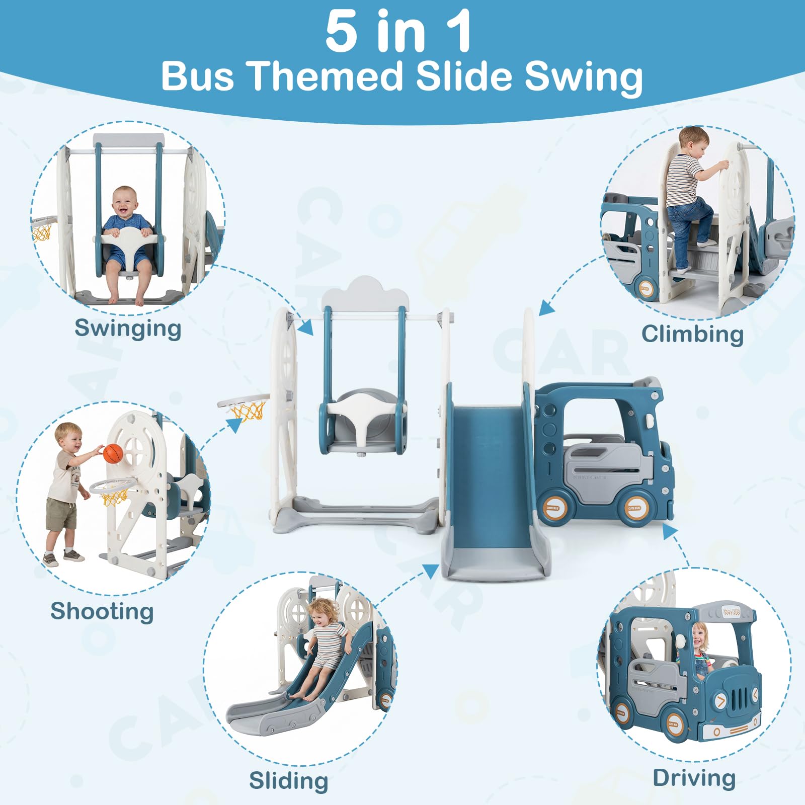 OLAKIDS Toddler Slide and Swing Set, 5 in 1 Bus Themed Baby Slide with Climber Basketball Hoop Car Playhouse for Indoor Outdoor Boys Girls Aged 3+ (Blue) - 4