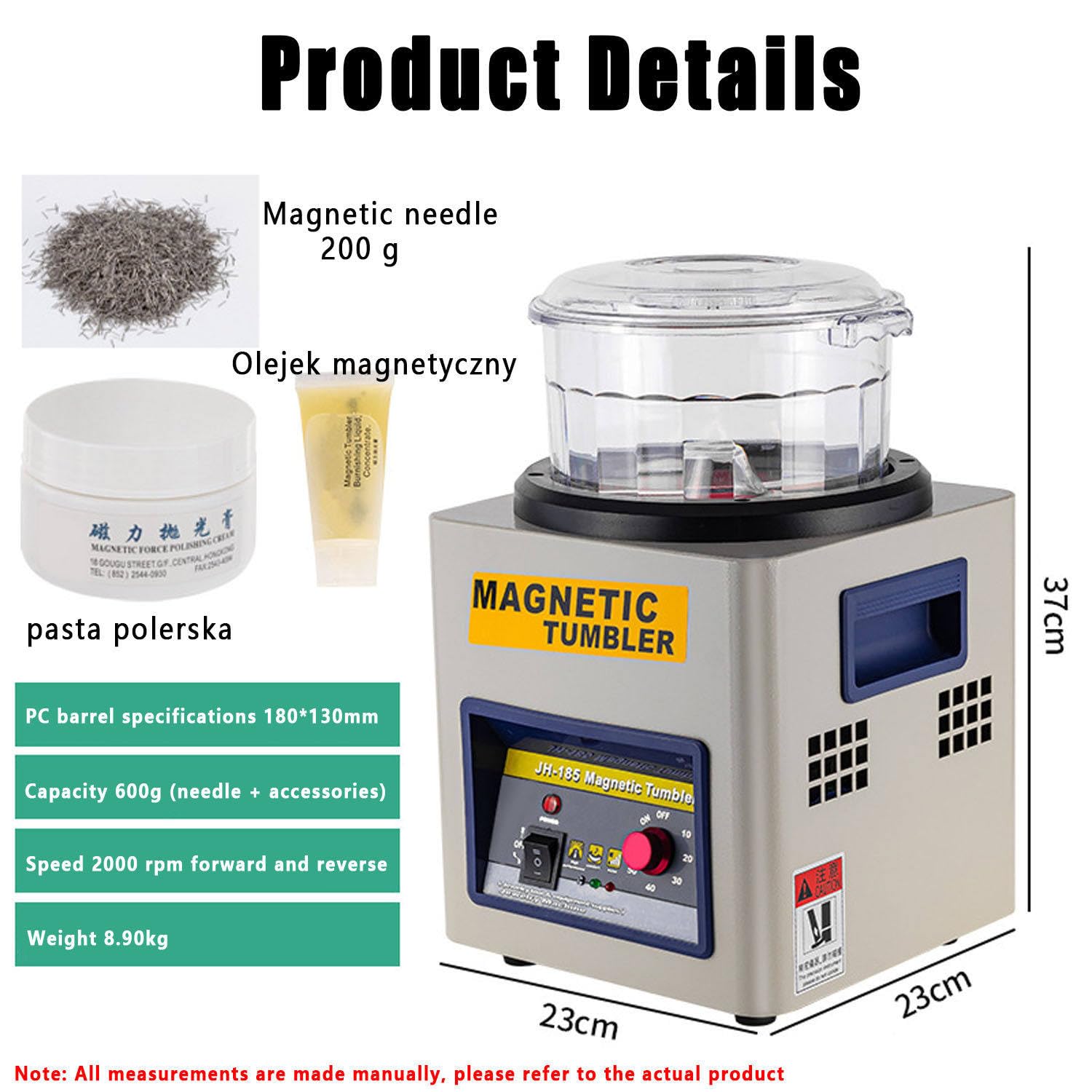 Polerka magnetyczna, polerka magnetyczna, polerka do biżuterii z bębnem polerskim o średnicy 180 mm i szpilkami polerującymi o średnicy 200 g z regulowanym kierunkiem i czasem pracy biżuterii