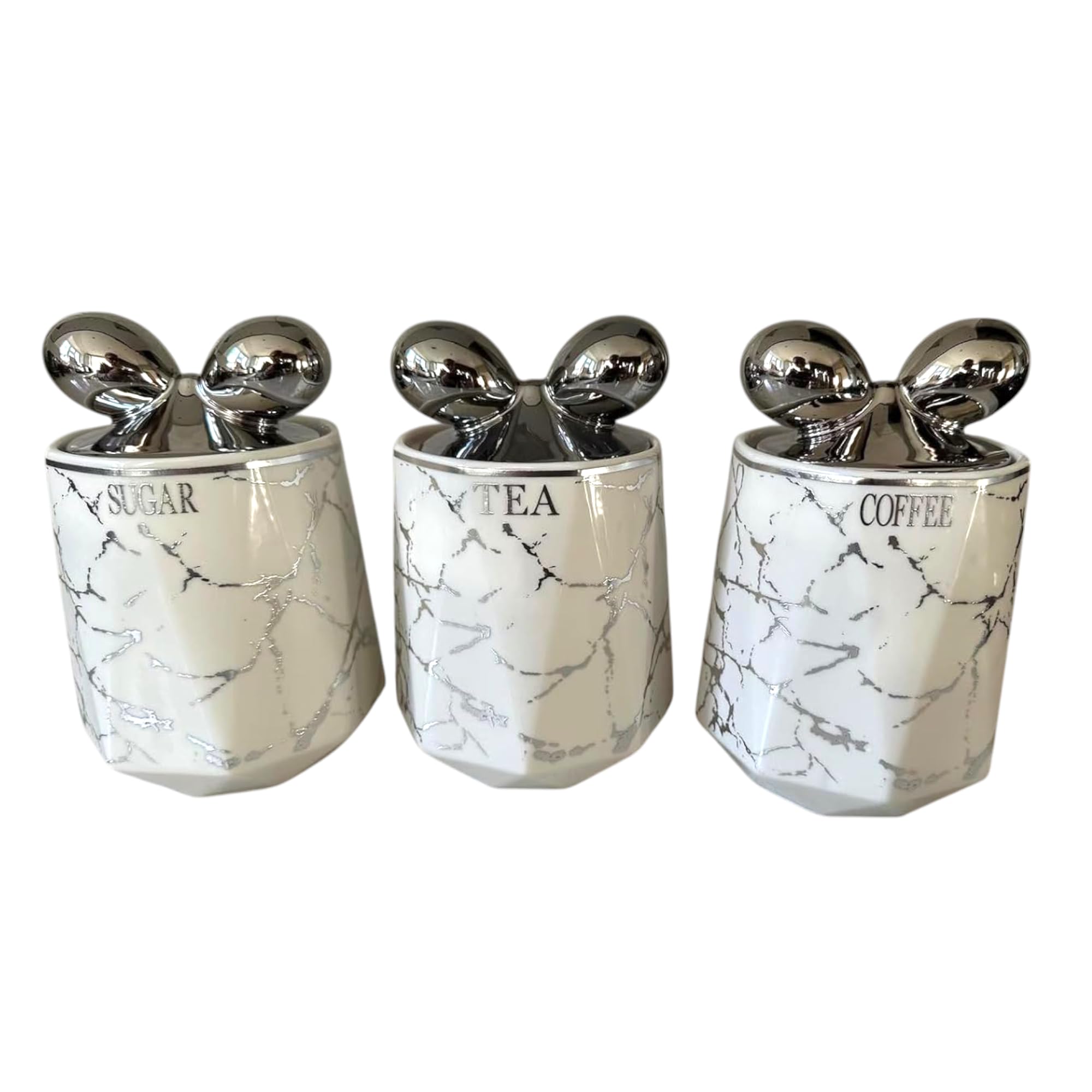 JAYOGLA Ceramic Storage Jars, 3-Piece Tea Coffee Sugar Canister Set, Marble Design with Chrome Bow Lids (White)