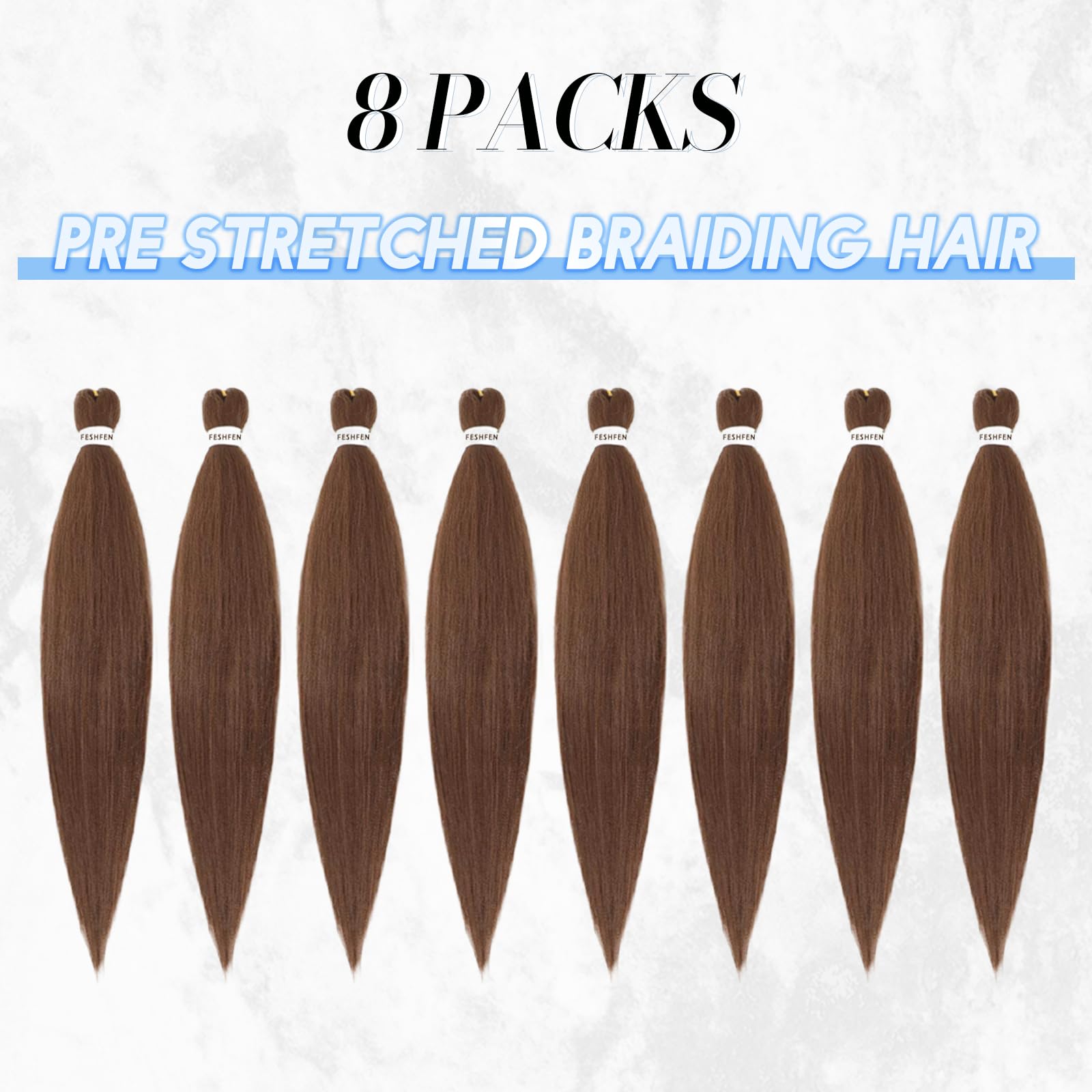 FESHFEN Extensiones para Trenzas Africanas 8 Piezas Pre Stretched Braiding Extensiones de Cabello Trenzado Sintetico Twist Crochet Braid Extensión Pelo Postizo Castaño claro, 66 cm
