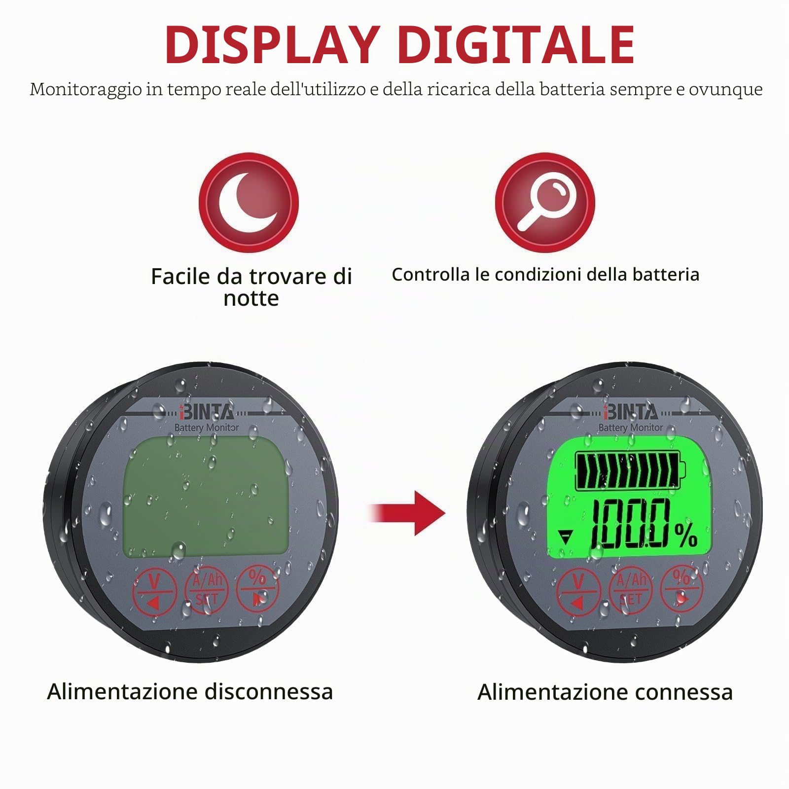 BINTA Monitor Batteria,Retroilluminato Indicatore di Livello della Batteria 8-120V 500A Tensione Impermeabile per Camper/RV/Auto/Barche/Solare con 3m Cavo Schermato,linea Positiva