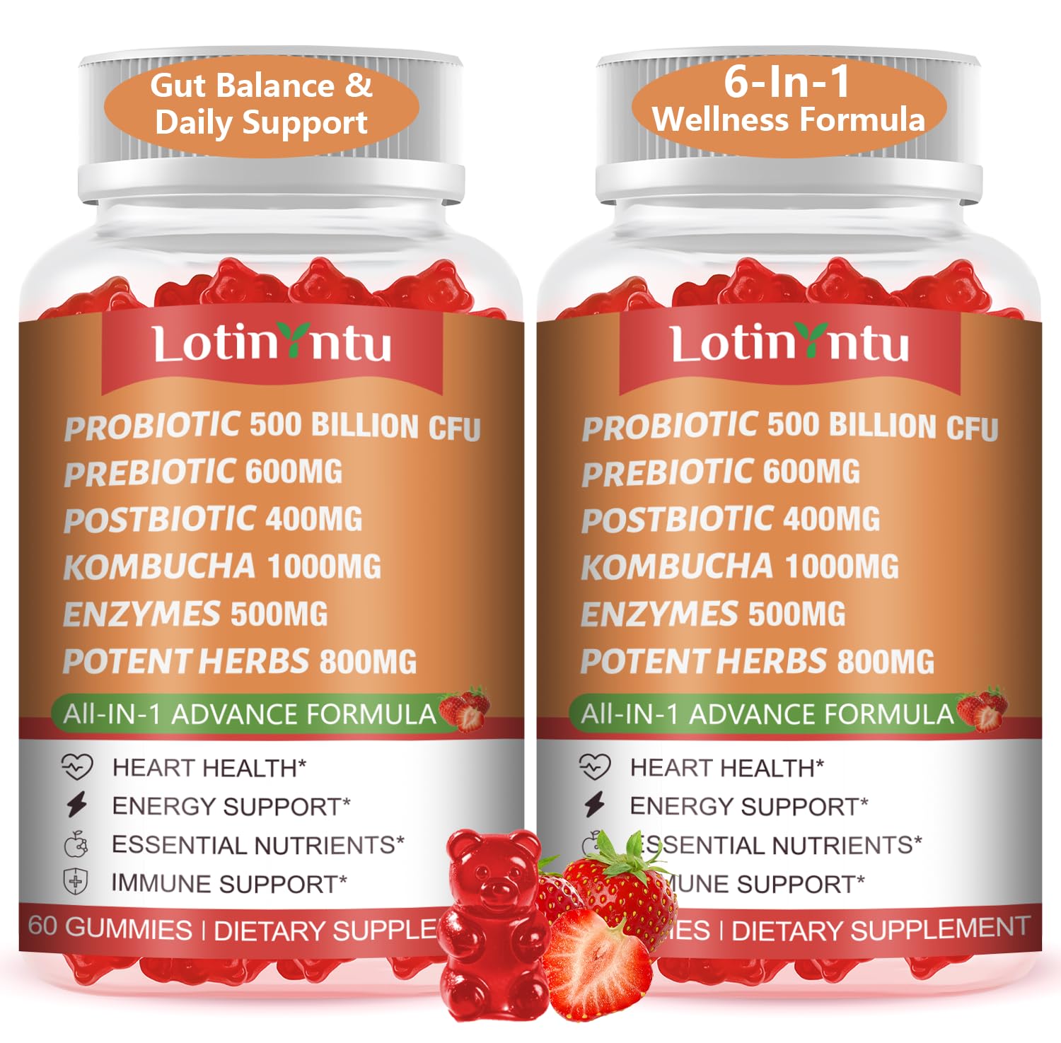LotinYntu Probiótico em Gomas com Kombucha, Prebióticos, Pós-bióticos, Fibras, Enzimas Digestivas e Blend de Ervas, 500 bilhões de UFC, 120 gomas