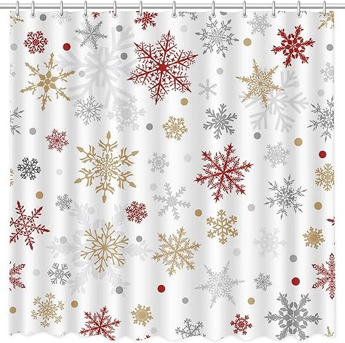 Miniatura 10 de Cortina de ducha con diseño de copos de nieve de invierno, cortina de ducha para baño, campanas de ciervos de Navidad, decoración de baño,