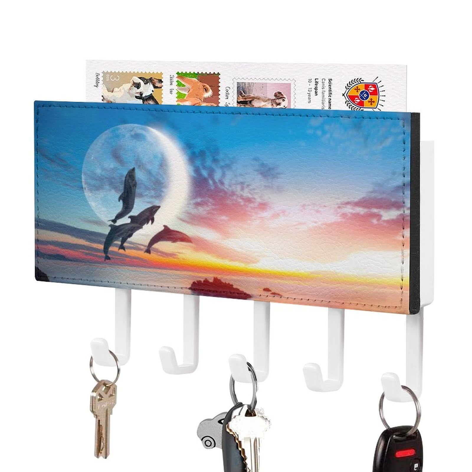 NCLQVJXZKHW Beautiful Dolphin with Sunset Key Holder with 5 Hooks Key Hooks Wall Mounted Key Racks Key Hanger Organiser Shelf