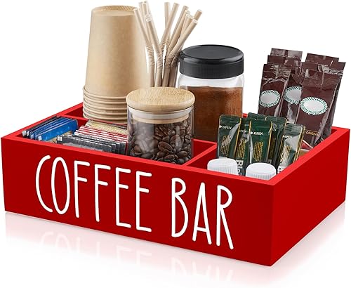 Miniatura 8 de ALELION Organizador de estación de café rosa con divisores extraíbles, organizador de accesorios de barra de café de madera para encimera, cesta de