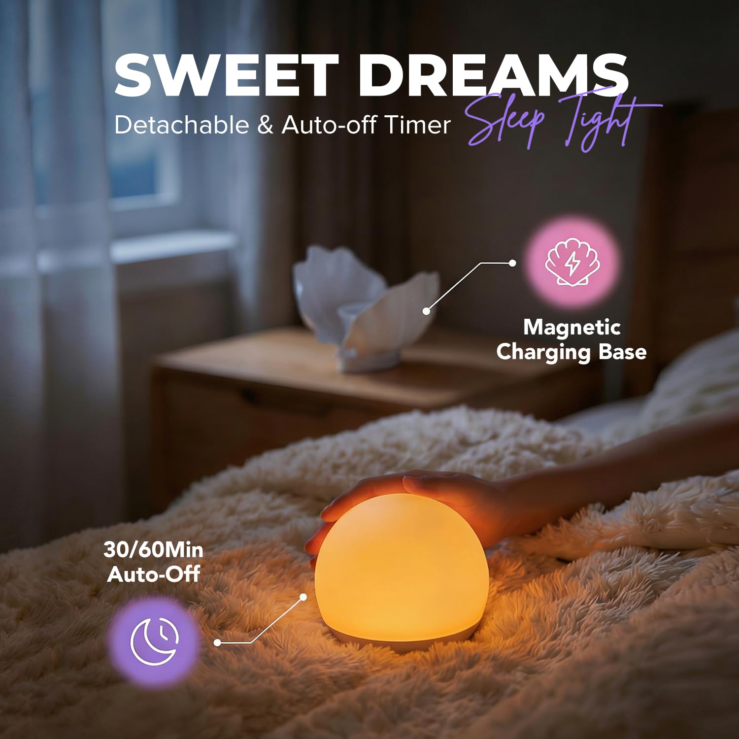 Luz nocturna para niños, luz de concha de bebé con modo de cambio de 7 colores y atenuación continua, lámpara de noche táctil de silicona suave sin BPA, luz nocturna recargable para